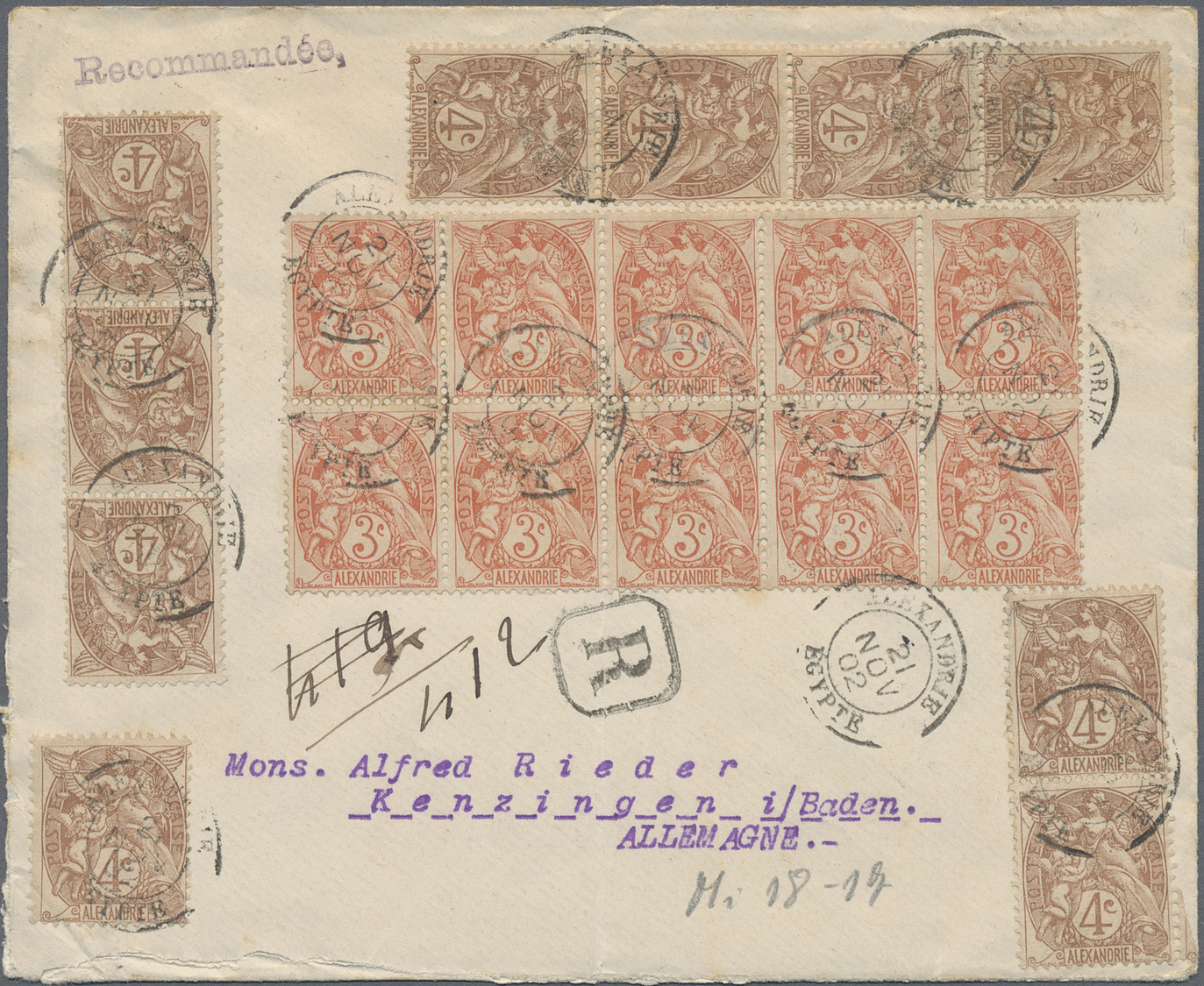 Br Französische Post In Ägypten - Alexandria: 1902, 3 And 4 Cent Definitives In Decorative Units On Registered Le - Autres & Non Classés