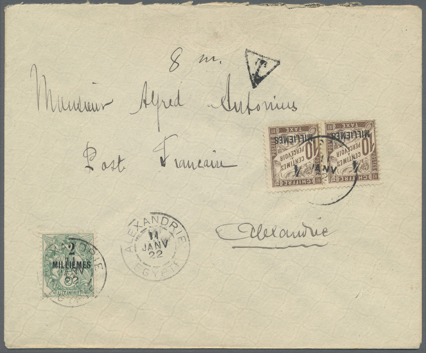 Br Französische Post In Ägypten - Alexandria: 1922. Envelope Addressed To 'Poste Restaute Francaise, Alexandria' - Autres & Non Classés