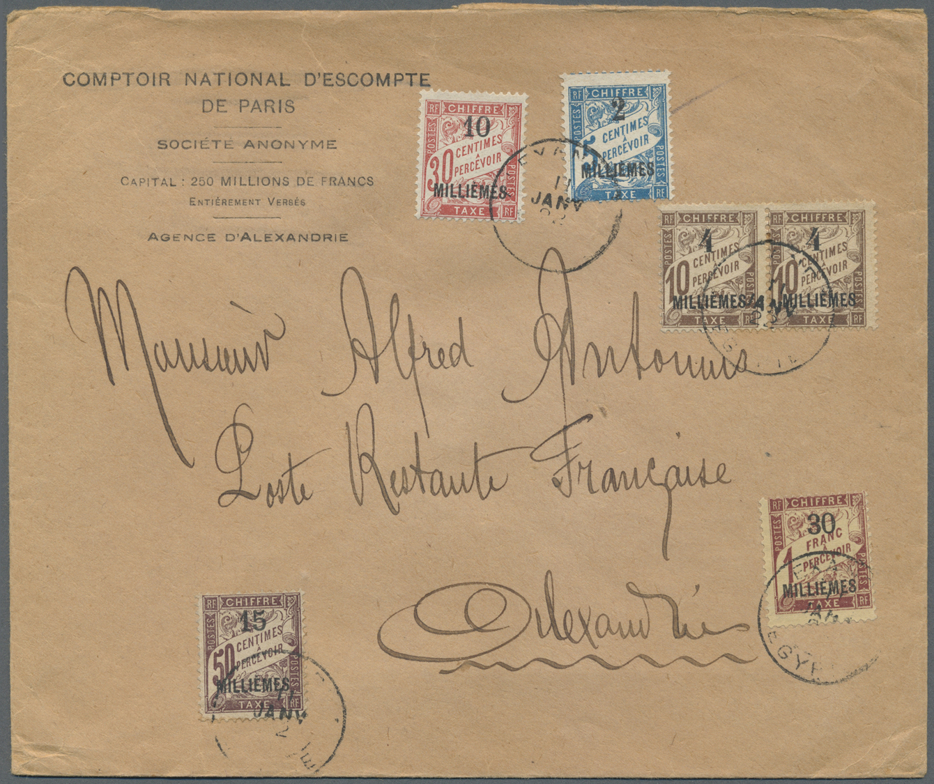 Br Französische Post In Ägypten - Alexandria - Portomarken: 1922. Stamp Less Envelope Headed 'Comptoir National D - Other & Unclassified