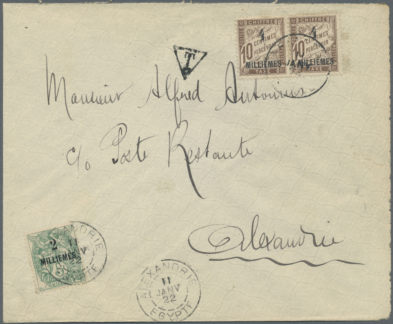 Br Französische Post In Ägypten - Alexandria - Portomarken: 1922. Envelope Addressed To 'Poste Restante Francaise - Other & Unclassified