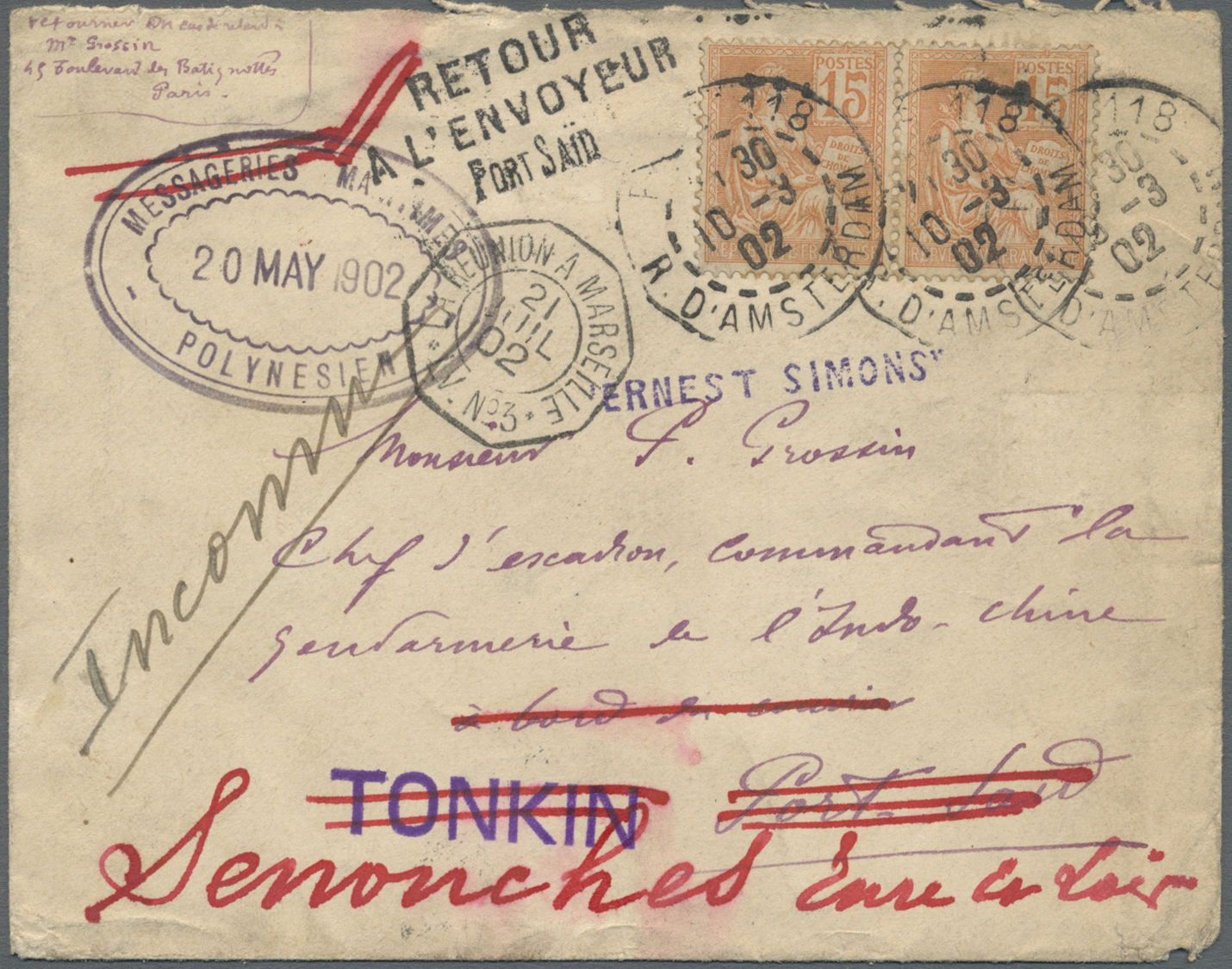 Br Französische Post In Ägypten - Port Said: 1902. Envelope Addressed To 'Monsieur Grossin, Commandant Ia Gendarm - Other & Unclassified