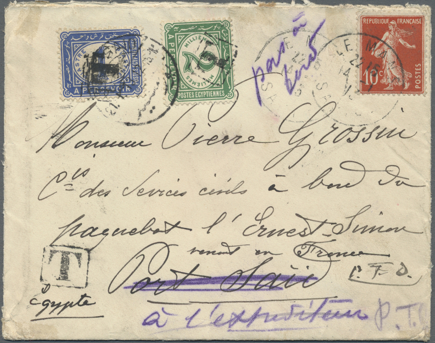 Br Französische Post In Ägypten - Port Said: 1913. Envelope (opened For Display) Addressed To 'Monsieur Grossin, - Autres & Non Classés