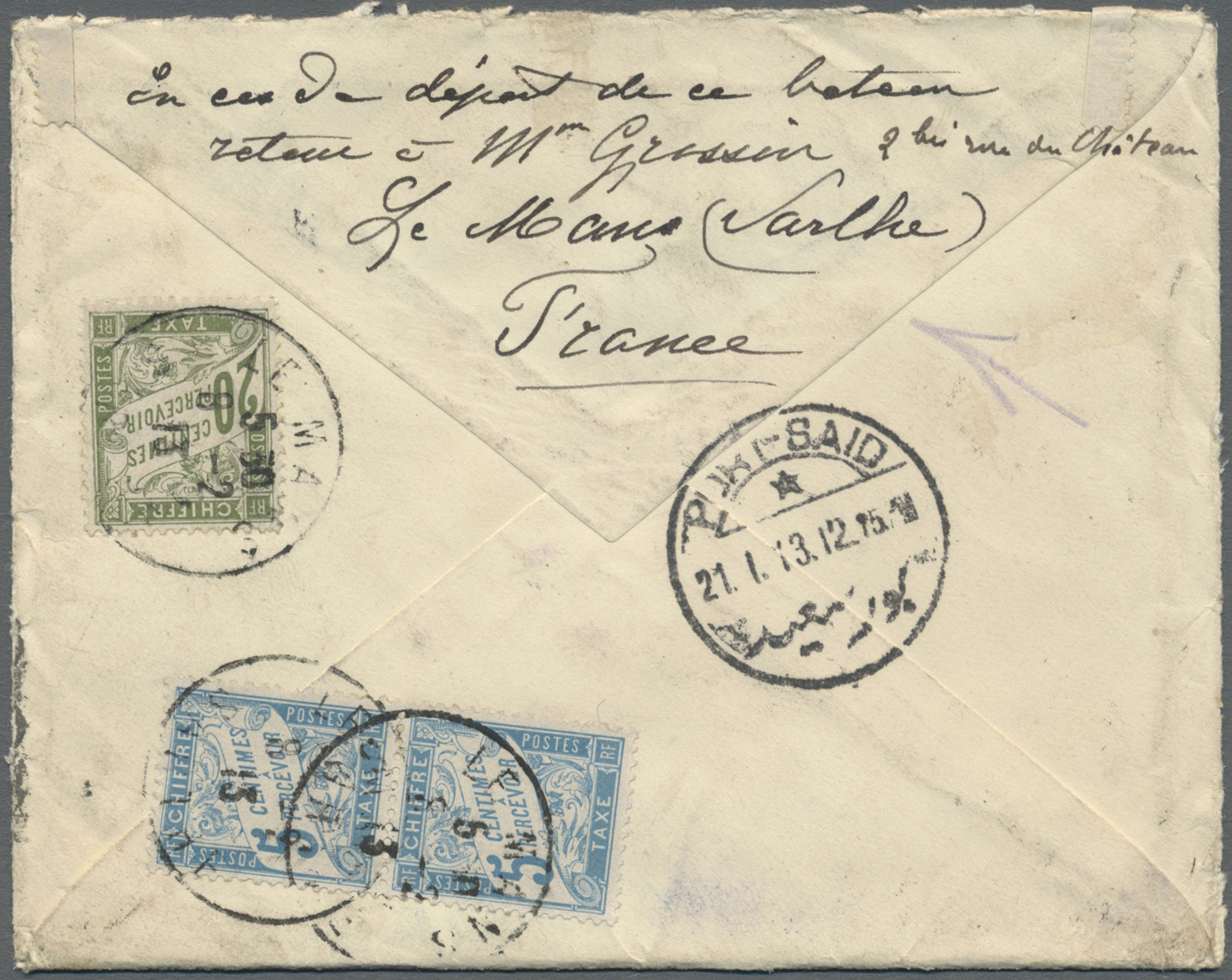 Br Französische Post In Ägypten - Port Said: 1913. Envelope (opened For Display) Addressed To 'Monsieur Grossin, - Other & Unclassified