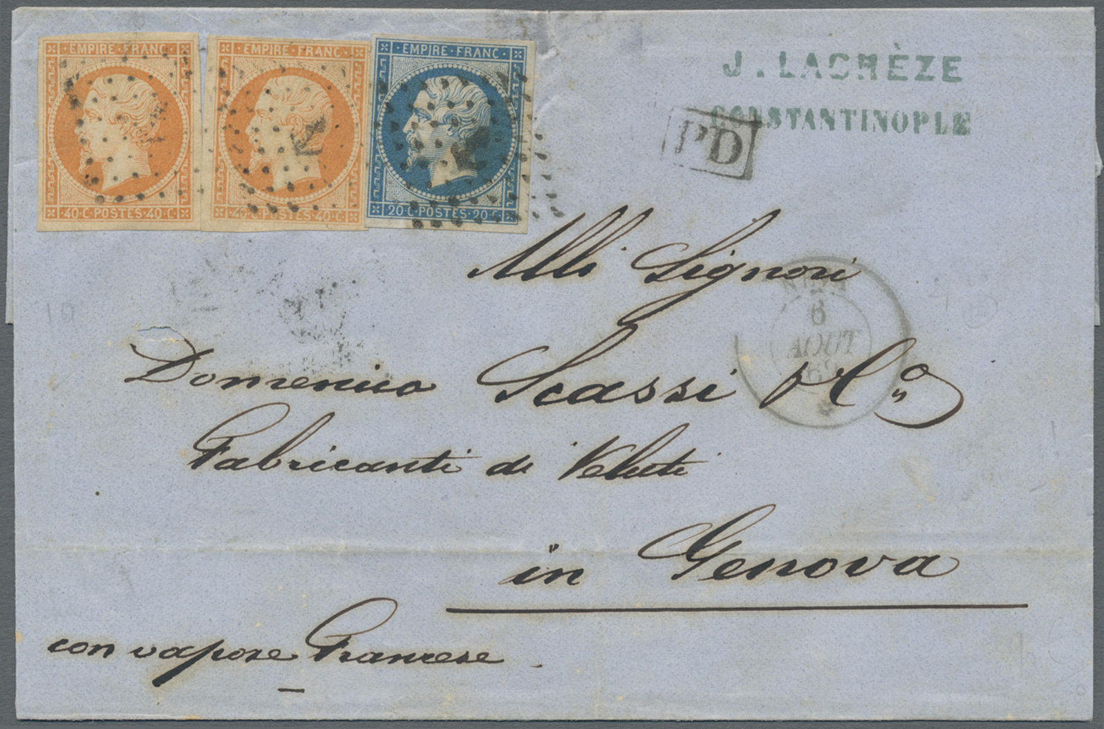 Br Französische Post In Der Levante: 1862. Envelope (archive Fold) To Italy Written From Constantinople Bearing F - Other & Unclassified