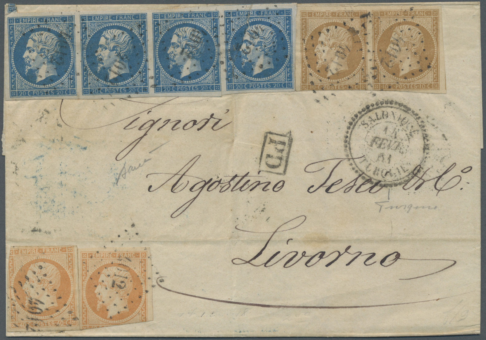 Br Französische Post In Der Levante: 1863. Envelope (folds) Addressed To Ltaly Bearing French 'Napoleon' Yvert 13 - Autres & Non Classés