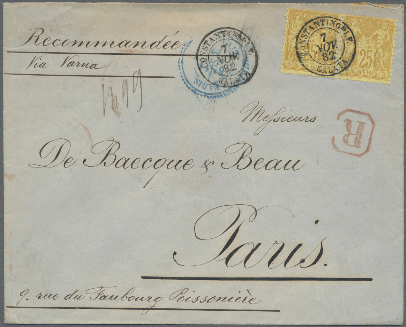 Br Französische Post In Der Levante: 1882. Registered Envelope Addressed To France Bearing French 'Type Sage' Yve - Autres & Non Classés