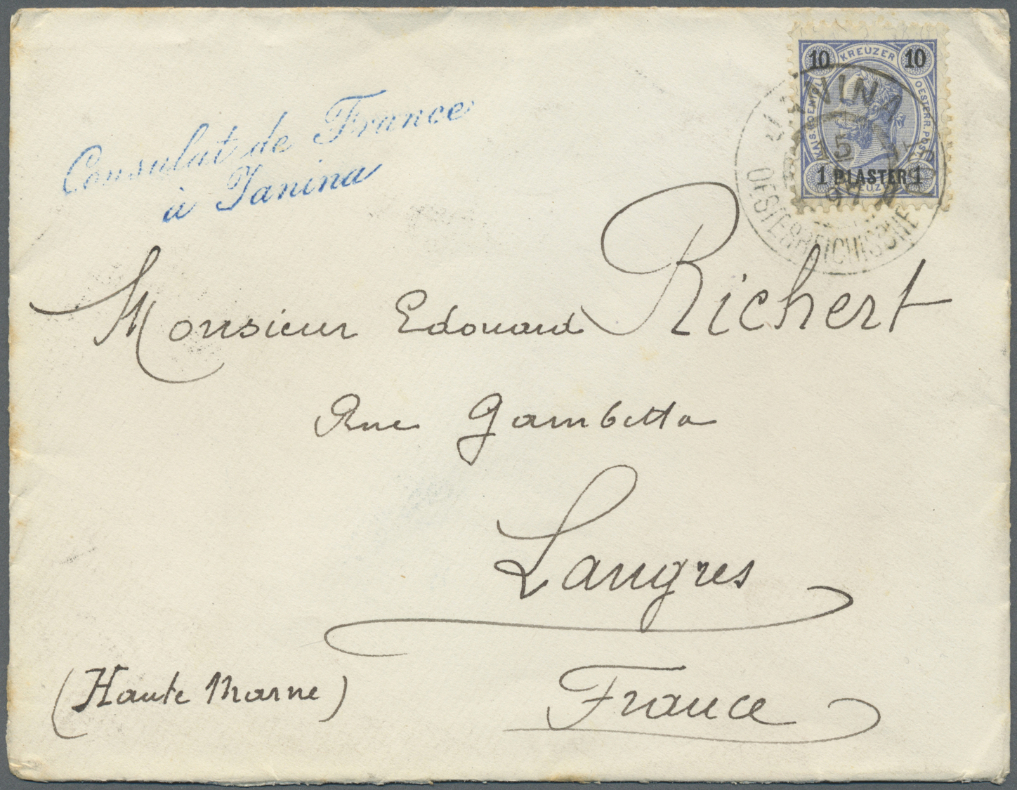 Br Französische Post In Der Levante: 1897. Envelope Addressed To France Headed 'Consulate De France A Janina' In - Autres & Non Classés