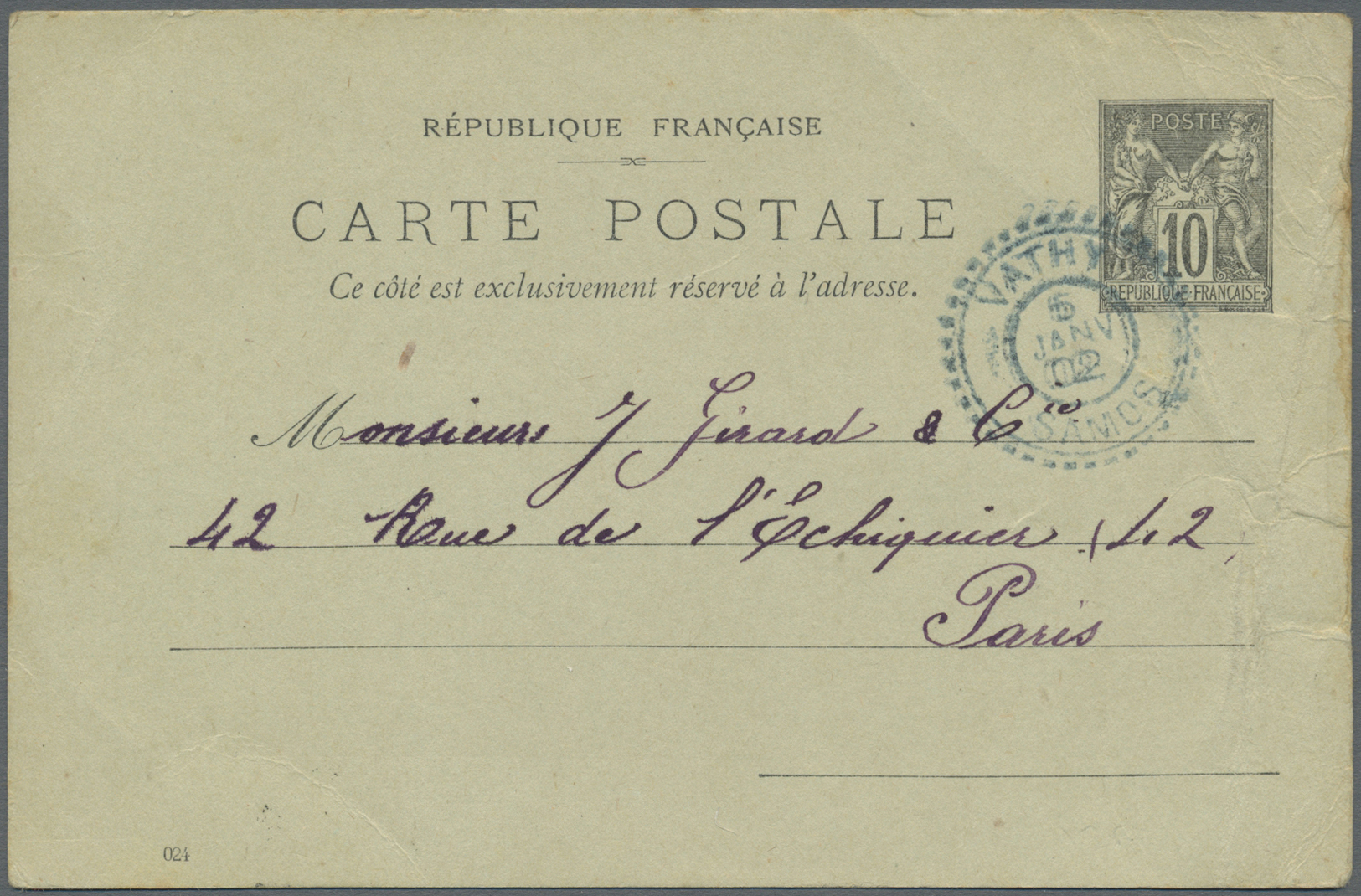 GA Französische Post In Der Levante: 1902. French 'Type Sage' Postal Stationery Card 10c Black/grey Cancelled By - Autres & Non Classés