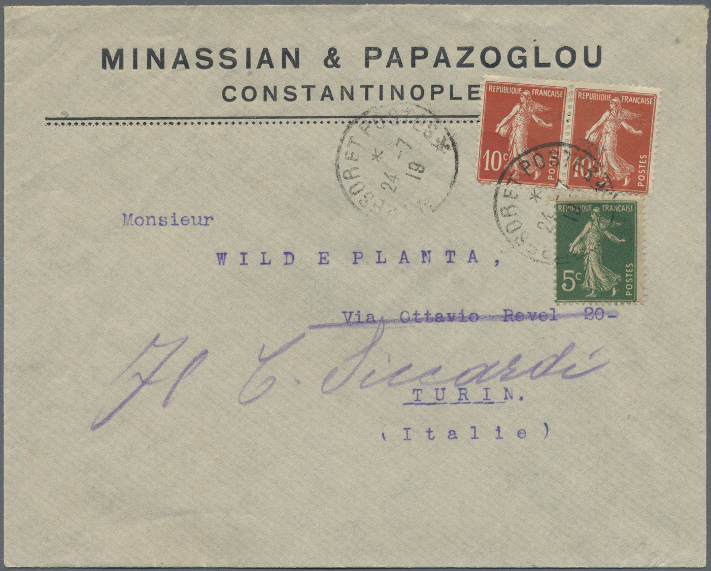 Br Französische Post in der Levante: 1904/1922, 4 letters as registered letter and return receipt (unfranked) fro