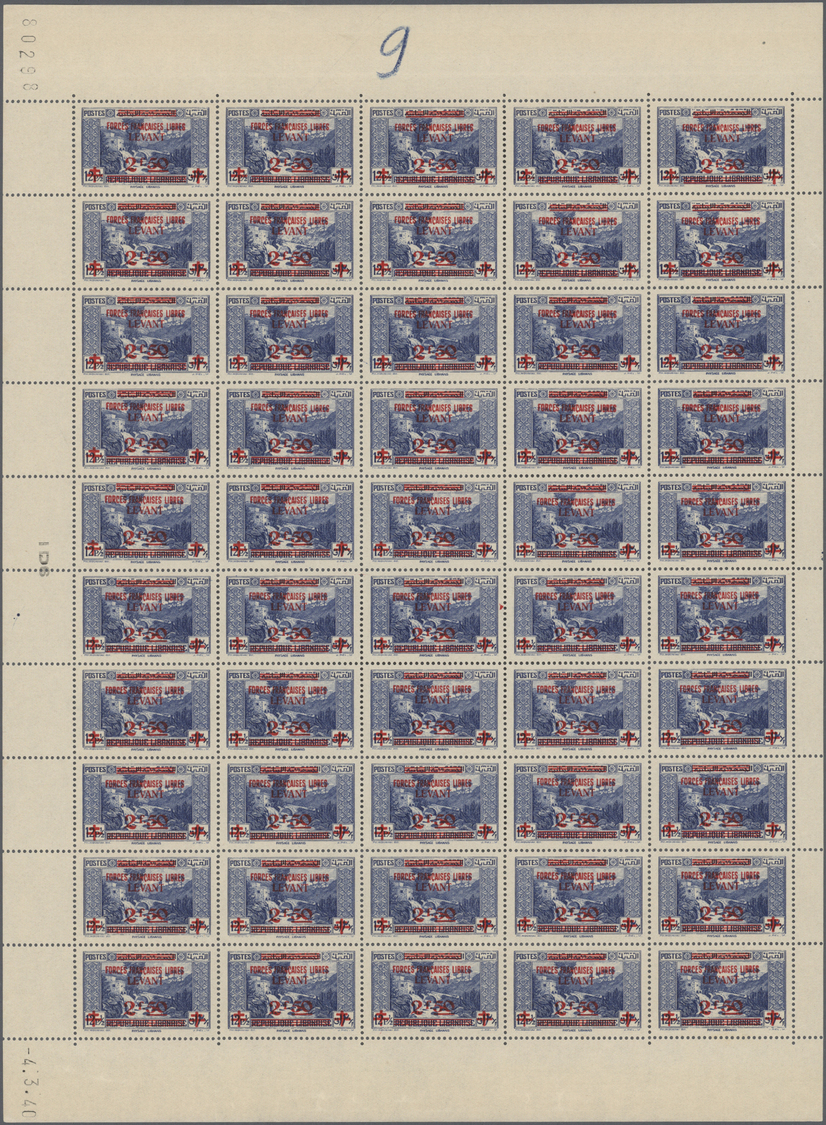 ** Französische Post In Der Levante: 1942, 2.50fr. On 12½pi. Ultramarine, Complete Sheet Of 50 Stamps, Unmounted - Autres & Non Classés