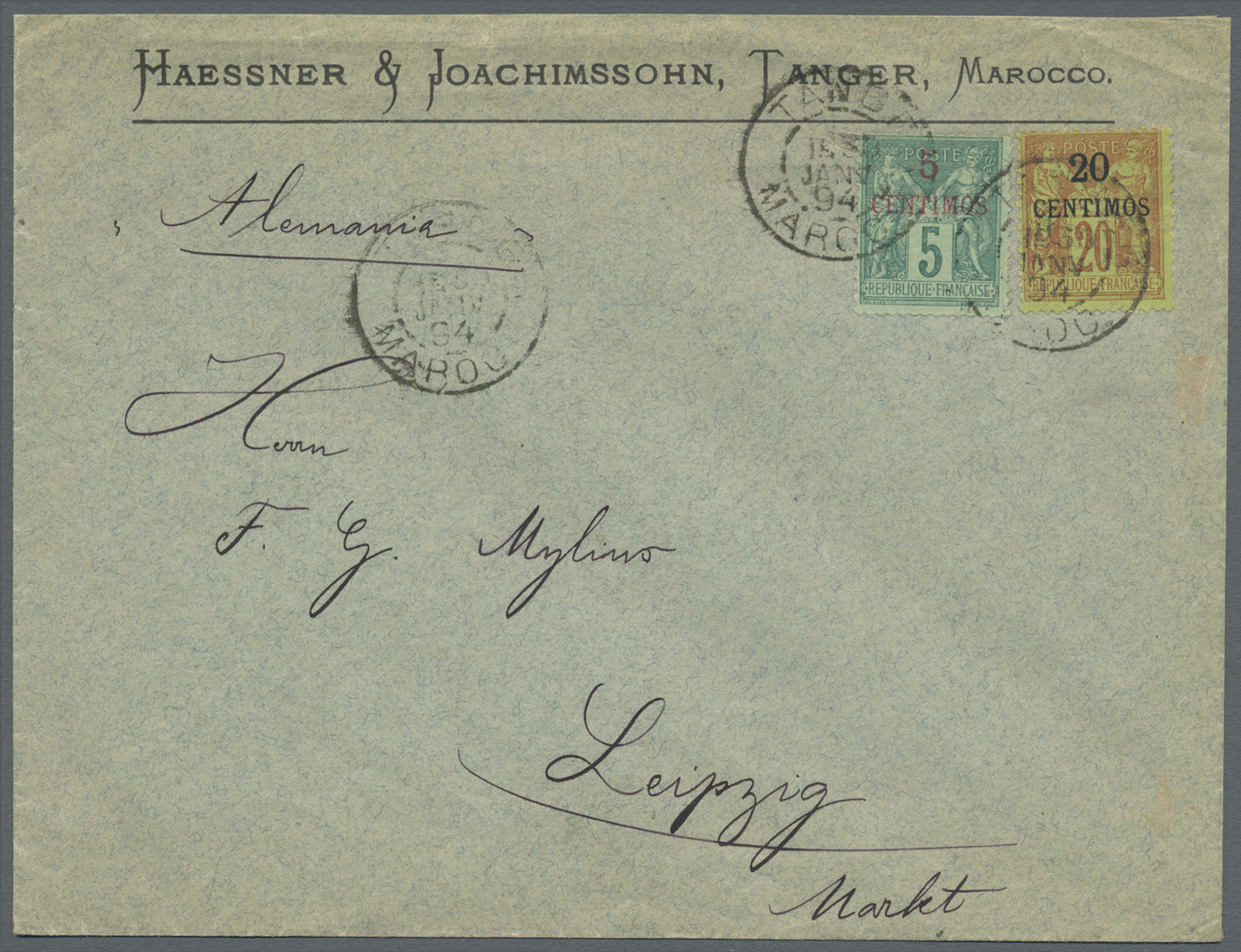 Br Französische Post In Marokko: 1894 (30.1.), Allegorie 20c. Red On Green Surch. '20 CENTIMOS' In Black And 5c. - Other & Unclassified