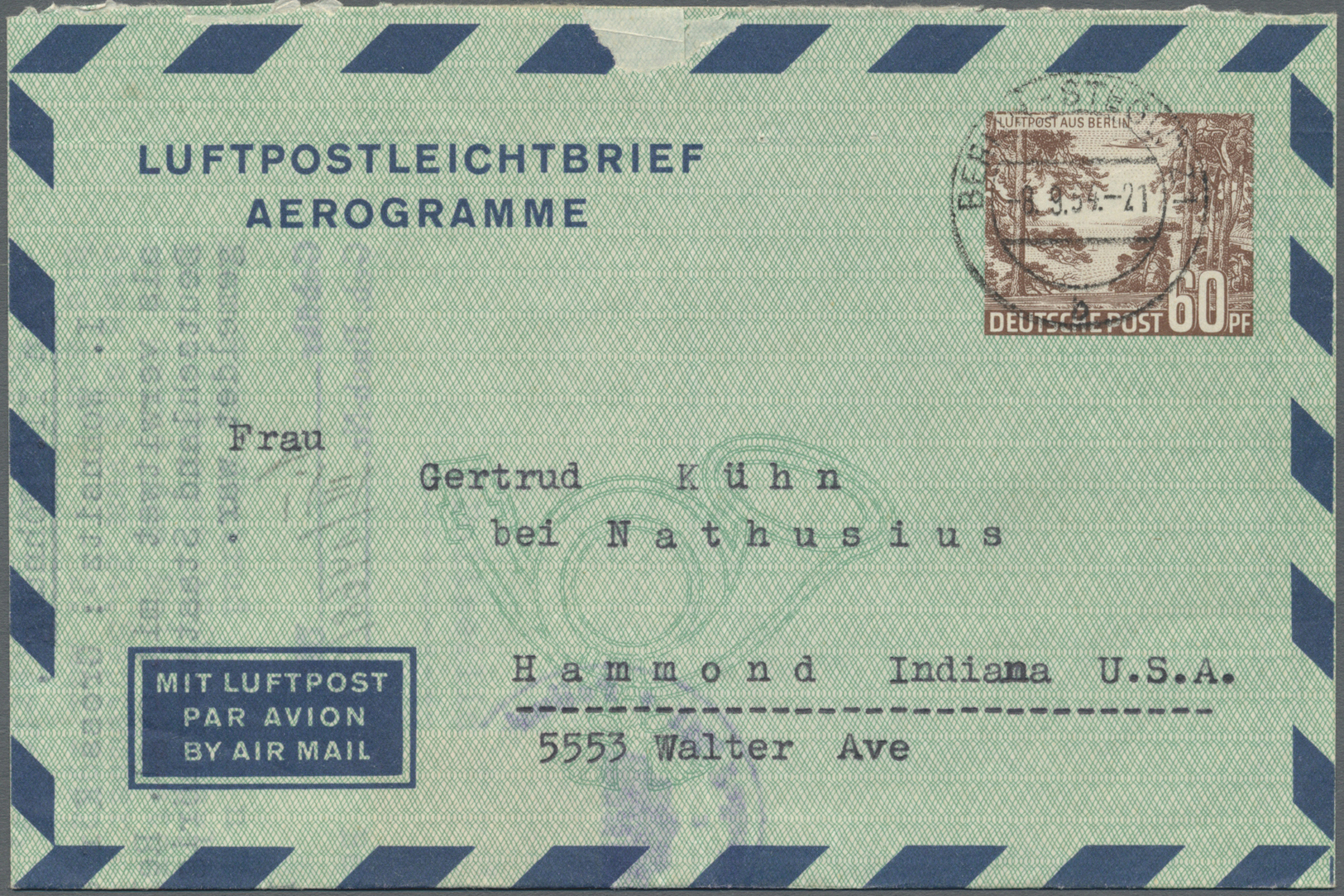 GA Berlin - Ganzsachen: 1954: Luftpostleichtbrief 60 Pf. Havellandschaft Mit Text =Polizeiliche Meldebe - Altri & Non Classificati