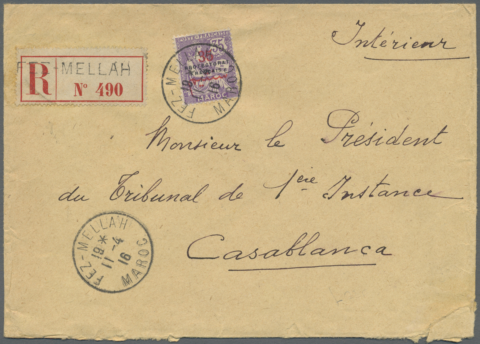 Br Französische Post In Marokko: 1916. Registered Envelope Addressed To Casablanca Bearing French Maroc Yvert 47, - Other & Unclassified