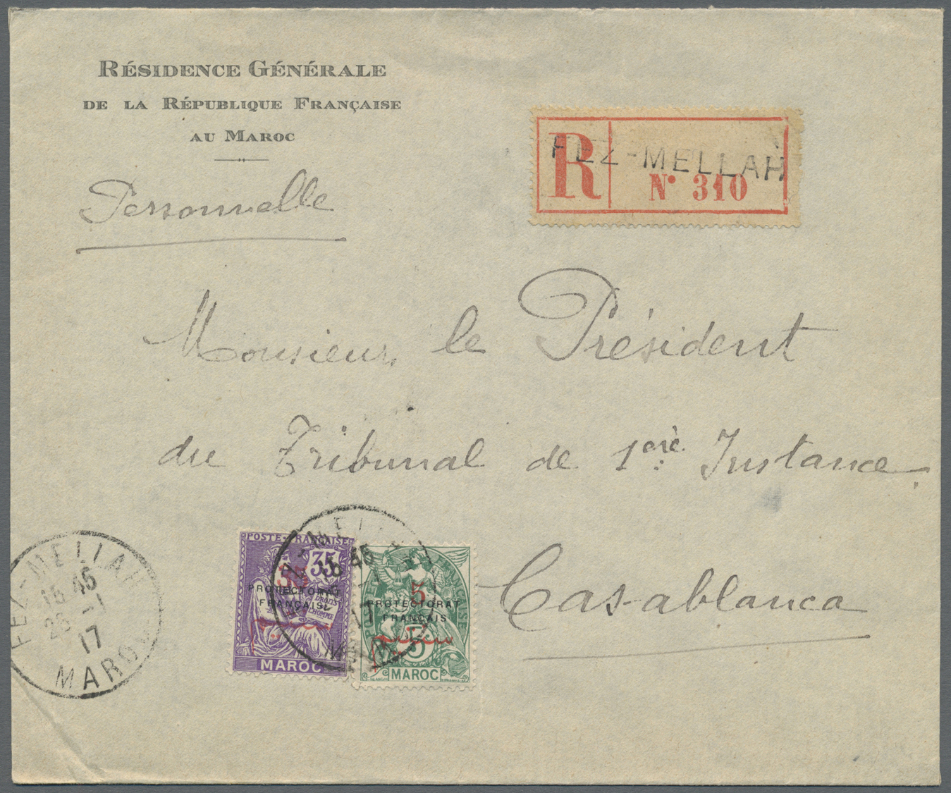 Br Französische Post In Marokko: 1917. Registered Envelope Addressed To Casablanca Bearing French Maroc Yvert 40, - Other & Unclassified