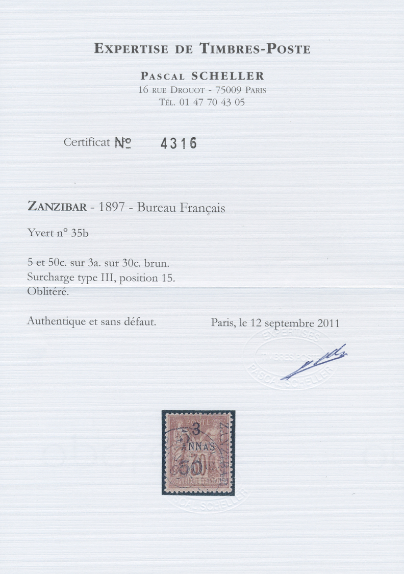 O Französische Post In Zanzibar: 1897, 30c Brown Sage Issue With Type III Surcharges (from Position 15): 5 Annas - Other & Unclassified