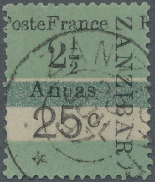 O Französische Post In Zanzibar: 1897 Emergency Issue, 2 1/2 A And 25c On Green And White On Interpanel Stamp (p - Autres & Non Classés