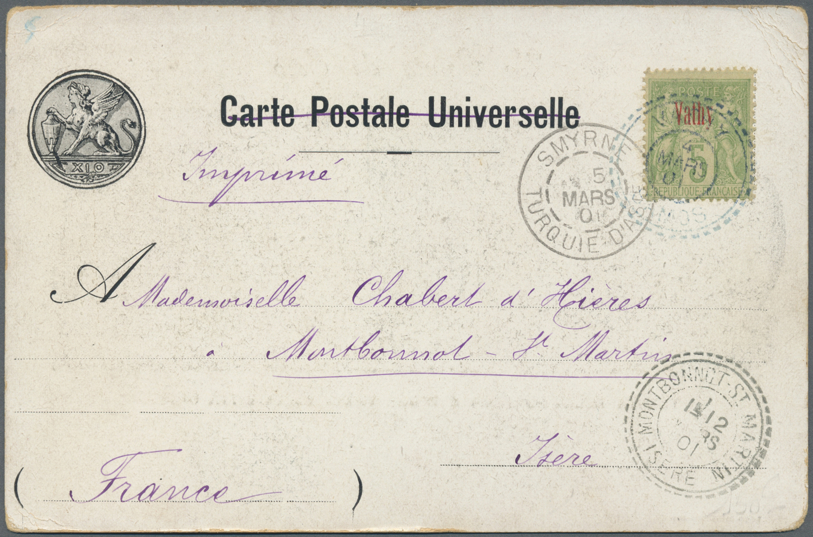 Br Französische Postdampfer-Agenturen: Vathy: 1901. Picture Post Card Of Scio Addressed To France Bearing Vathy Y - Autres & Non Classés
