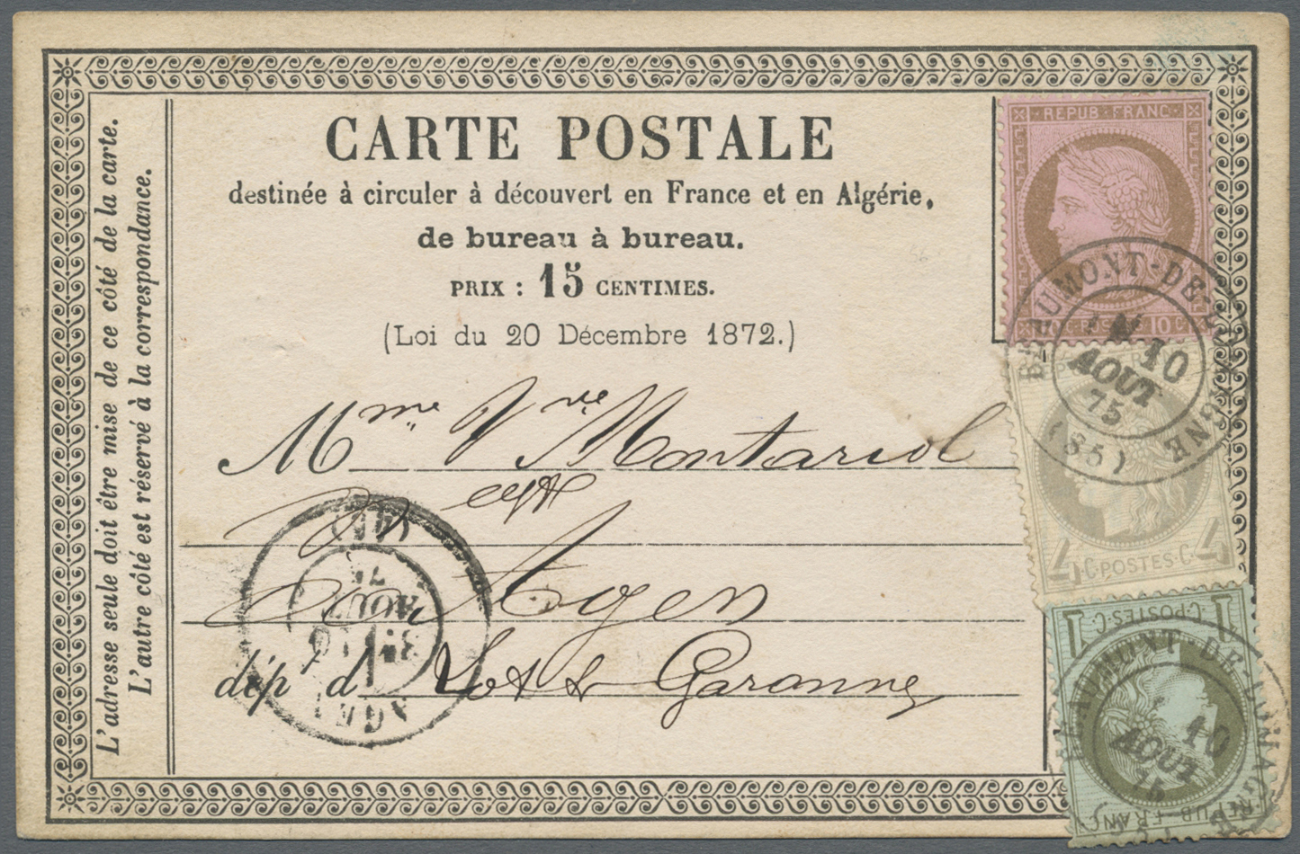 GA Frankreich - Ganzsachen: 1875, 15c. Stationery Form "cliché 10" Franked With Ceres 1c. Green On Bluish (attach - Autres & Non Classés