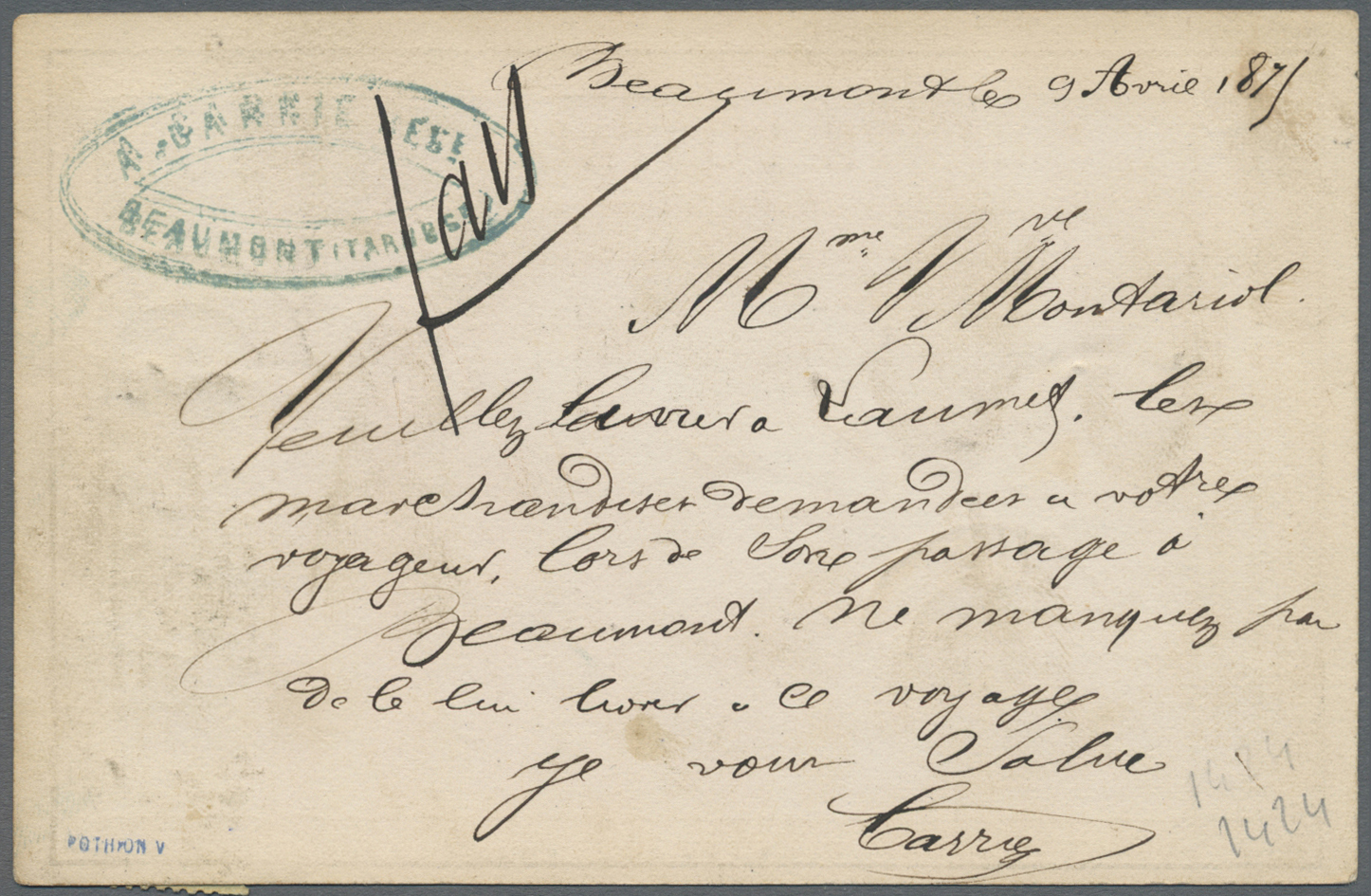 GA Frankreich - Ganzsachen: 1875, 15c. Stationery Form "cliché 10" Franked With Ceres 1c. Green On Bluish (attach - Autres & Non Classés