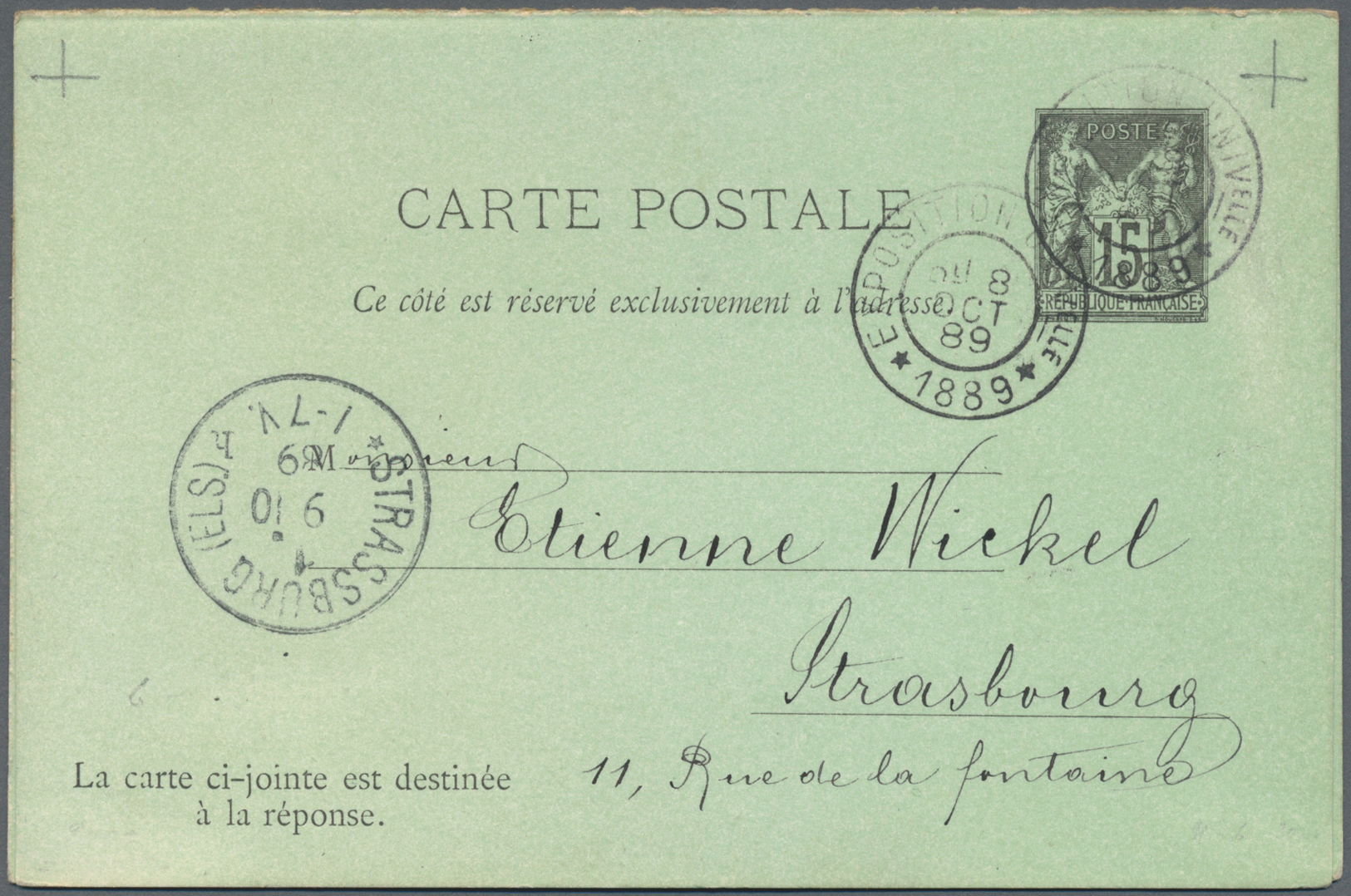 GA Frankreich - Ganzsachen: 1889, 15 C. Type Sage Double Card Sent With Special Cancellation EXPOSITION UNIVERSEL - Sonstige & Ohne Zuordnung