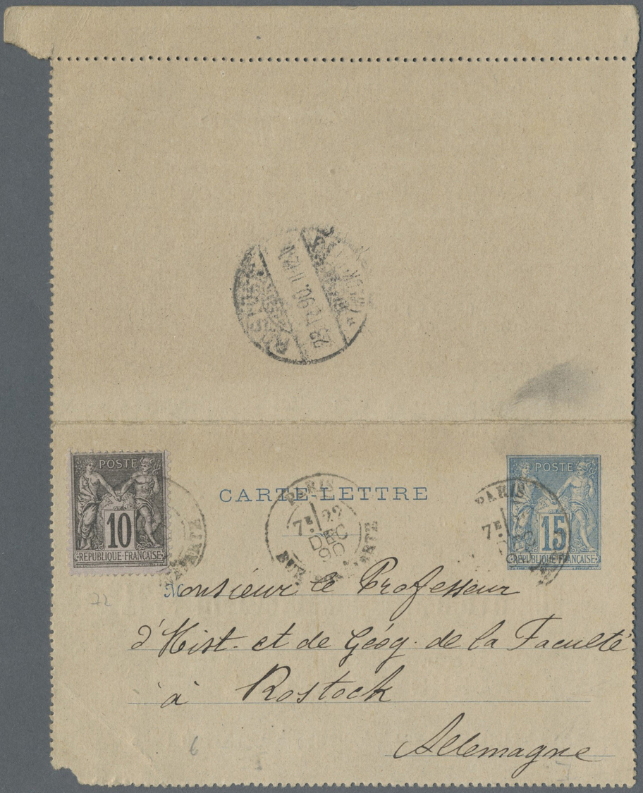 GA Frankreich - Ganzsachen: 1890, 15 C. Card Letter Uprated With 10 C. Sage Sent To Rostock With Interesting Adve - Autres & Non Classés