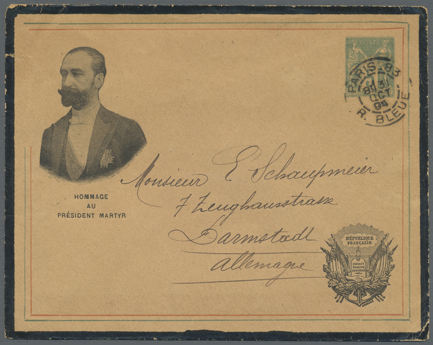 GA Frankreich - Ganzsachen: 1894, 5c. Green "Sage", Stamped To Order Envelope "HOMMAGE AU PRESIDENT MARTYR" (Pres - Autres & Non Classés
