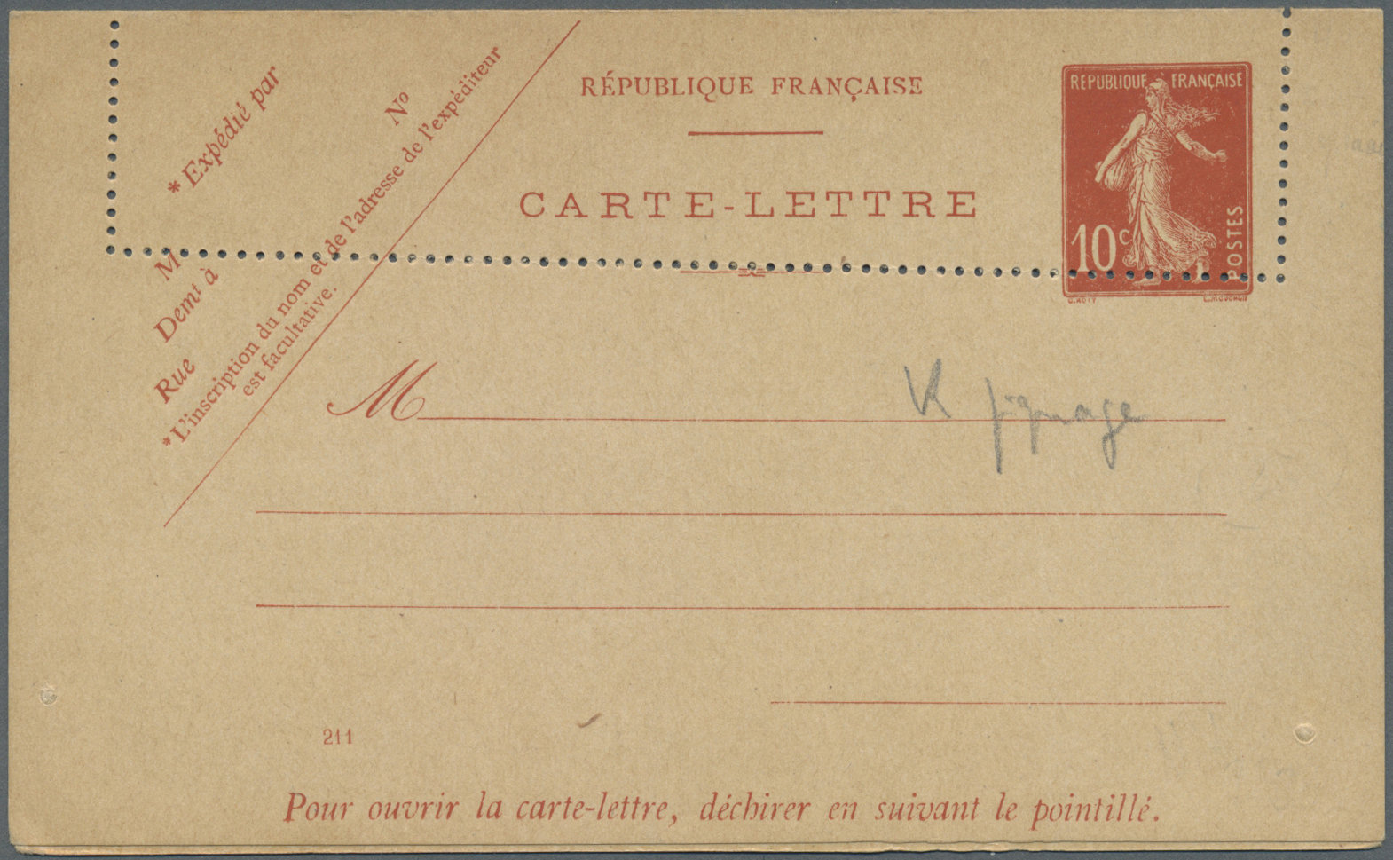 GA Frankreich - Ganzsachen: 1906, Kartenbrief 10 C Rot (mit No. 211) Mit Totaler Verzähnung Ins Obere Drittel, Un - Other & Unclassified