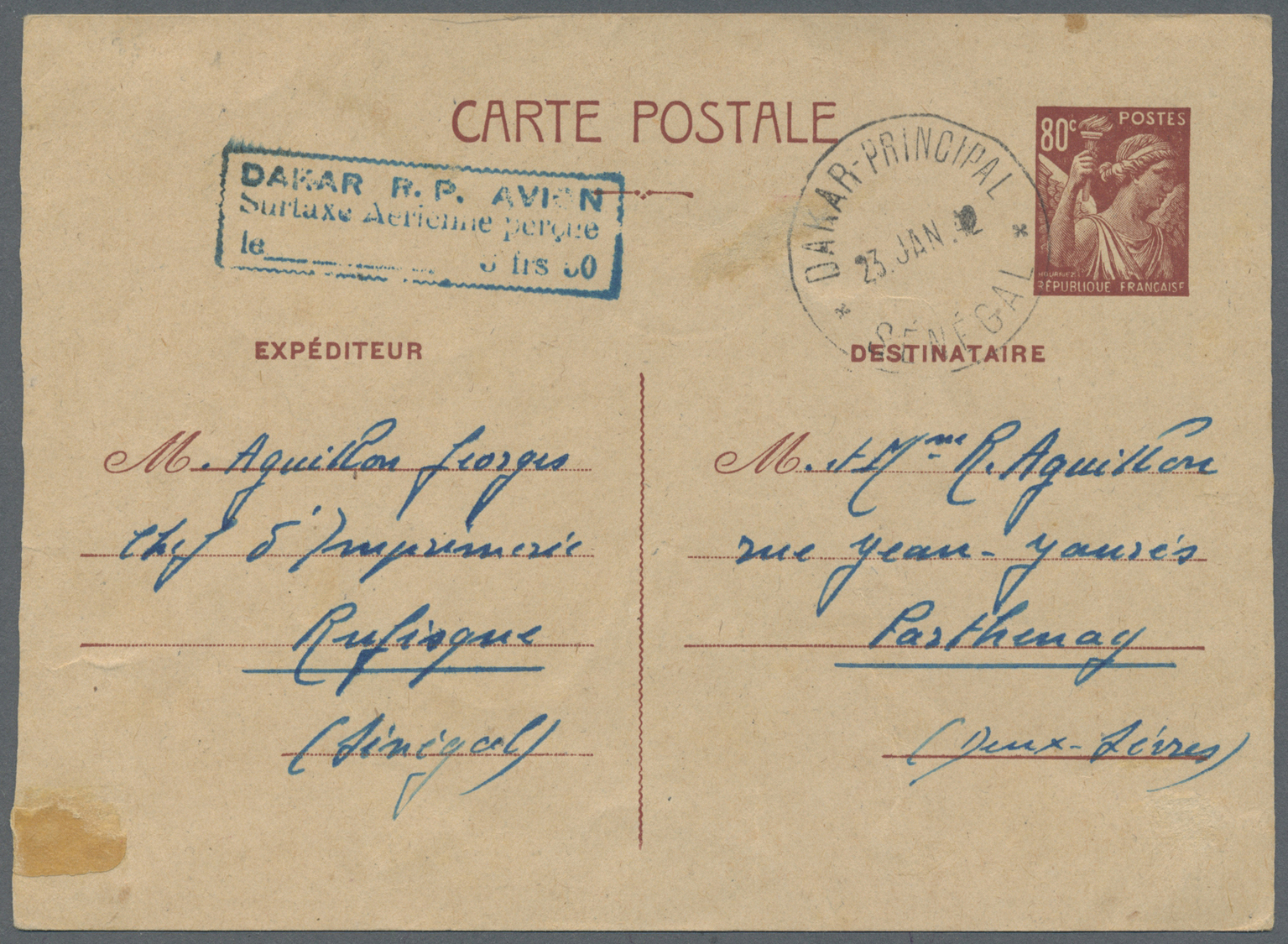 GA Frankreich - Ganzsachen: 1942, Zwei Verschied. Postkarten 80 C. Braun Beide Gebraucht In DAKAR Mit Zusätzl. Bl - Other & Unclassified