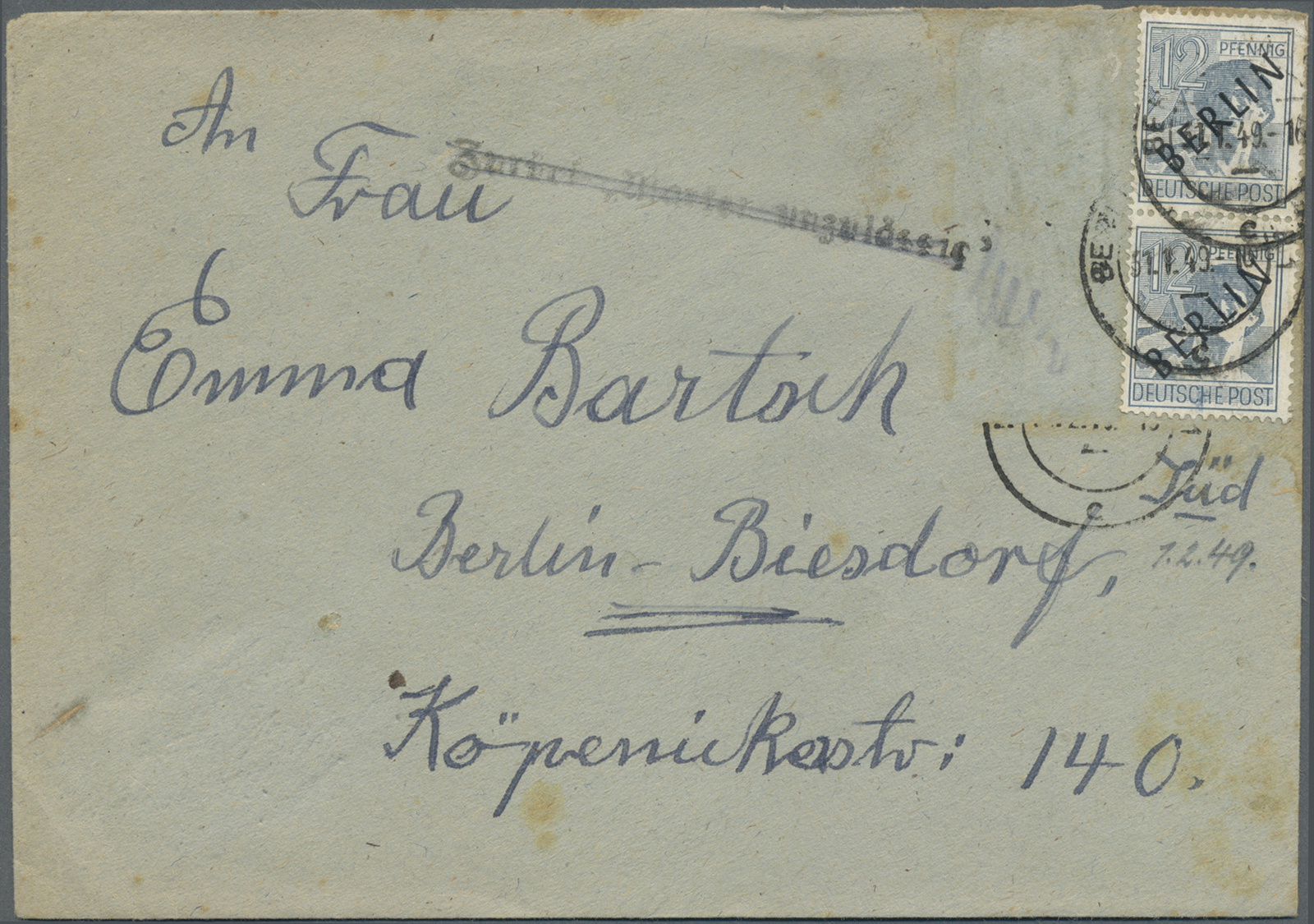 Br Berlin - Postkrieg: 1949, Ortsbrief Ab BERLIN-WANNSEE 31.1.49 Frankiert Mit 2-mal 12 Pfg. Schwarzauf - Autres & Non Classés
