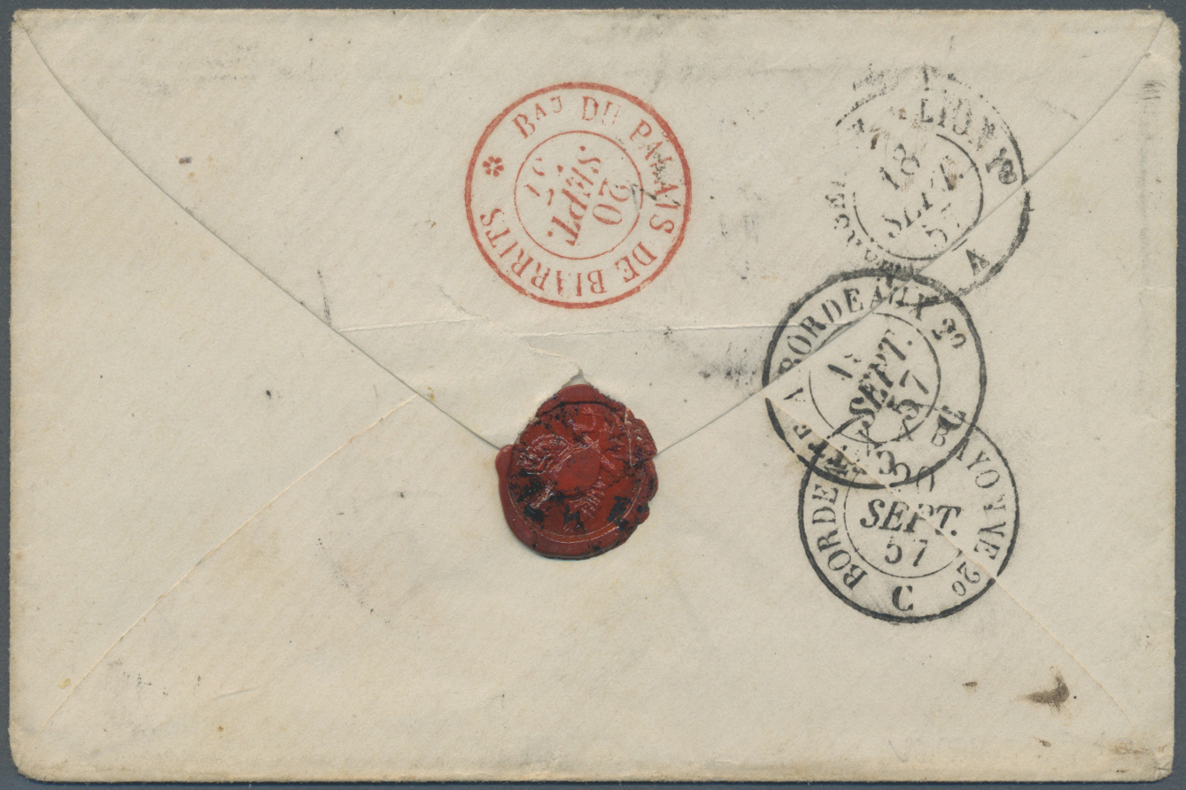 Br Frankreich - Stempel: 1857, „B Au PALAIS DE BIARRITS 20 SEPT.57”, Klarer Abschlag In Rot, Rs. Als Ankunftsstem - 1877-1920: Semi Modern Period