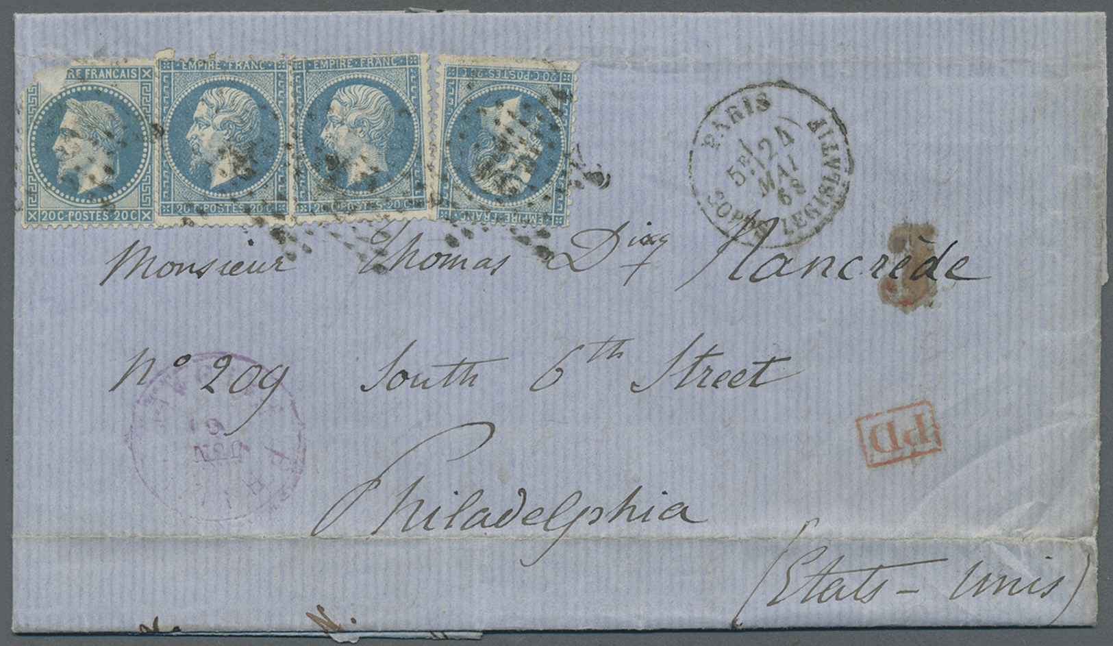 Br Frankreich - Stempel: 1868, Multiple Franking 4 X 20 C Blue Napoleon, Tied By Etoile "31" (Paris Palais Bourbo - 1877-1920: Période Semi Moderne