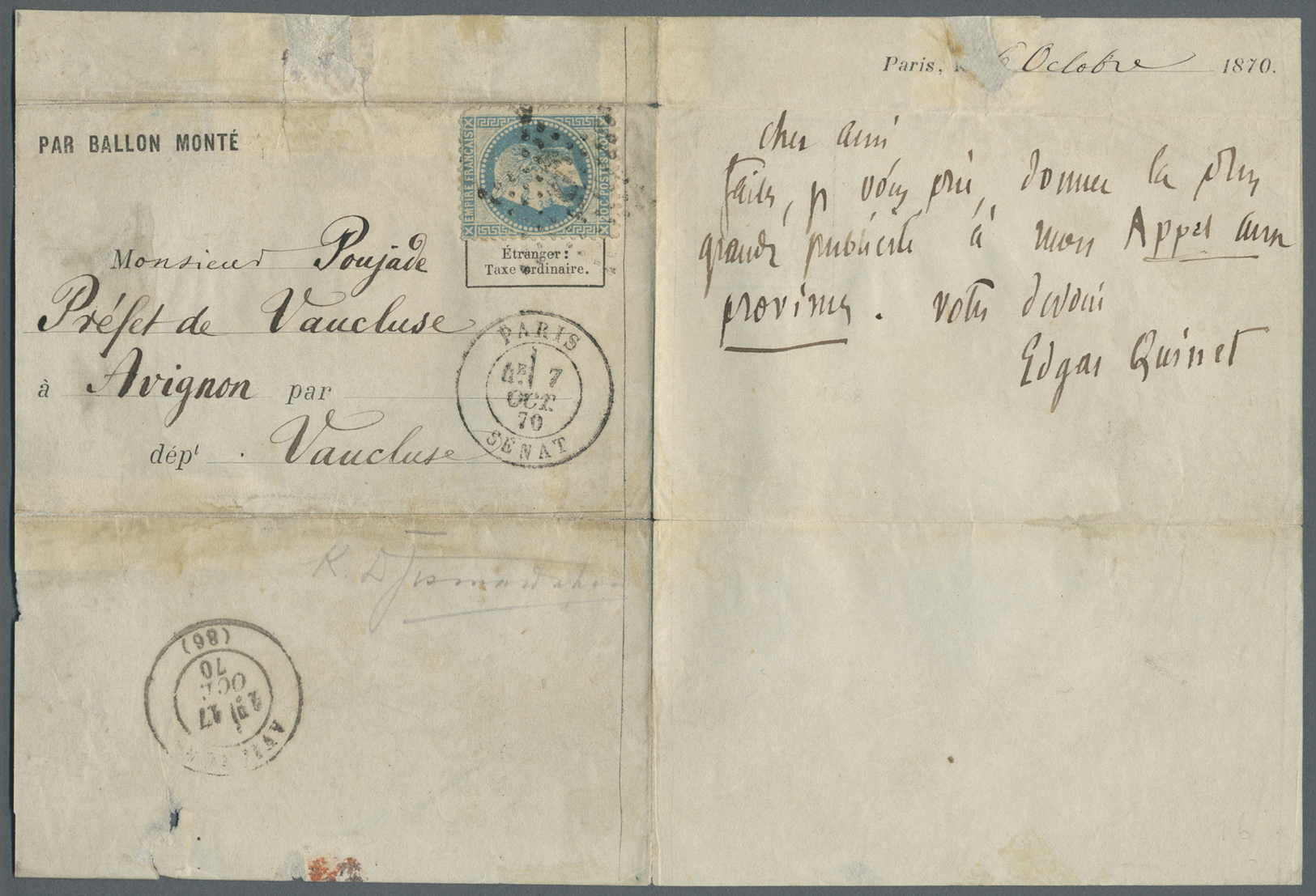 Br Frankreich - Ballonpost: 1870, 20 C Napoleon, Tied By "etoile Chiffree" Along With Cds PARIS SENAT, 7.OCT.70, - 1960-.... Covers & Documents
