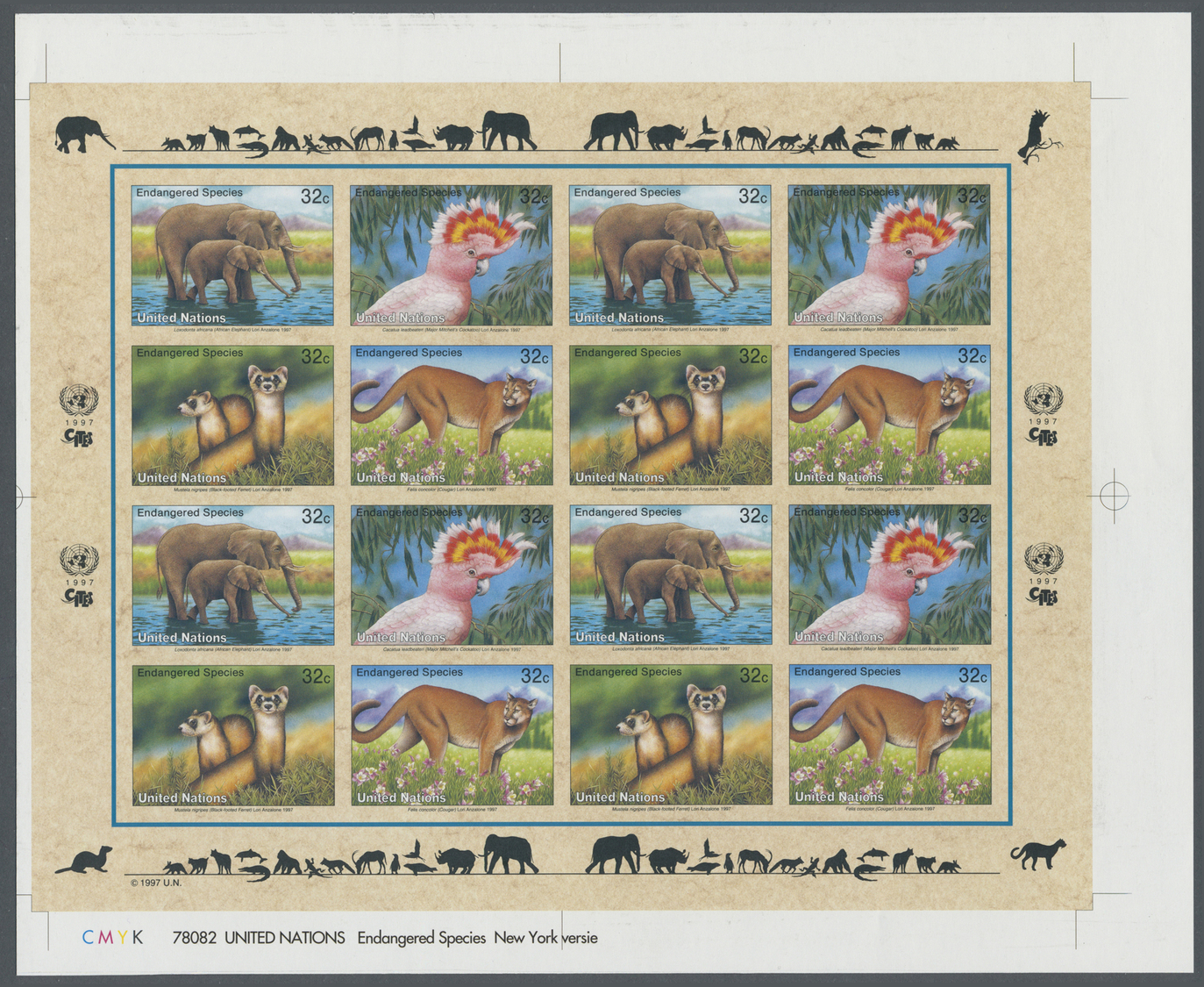 ** Thematik: Tiere-Elefanten / Animals Elephants: 1997, UN New York. Imperforate Pane Of 4 Sets Of 4 Showing African Ele - Elephants