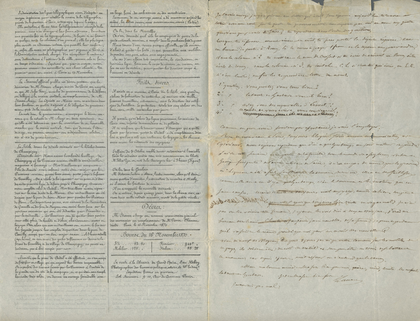 Br Frankreich - Ballonpost: 1870, 20 C. Ceres Blau Auf Ballon Monte Brief, Inhalt Gefaltete Zeitung "La Dépeche B - 1960-.... Lettres & Documents