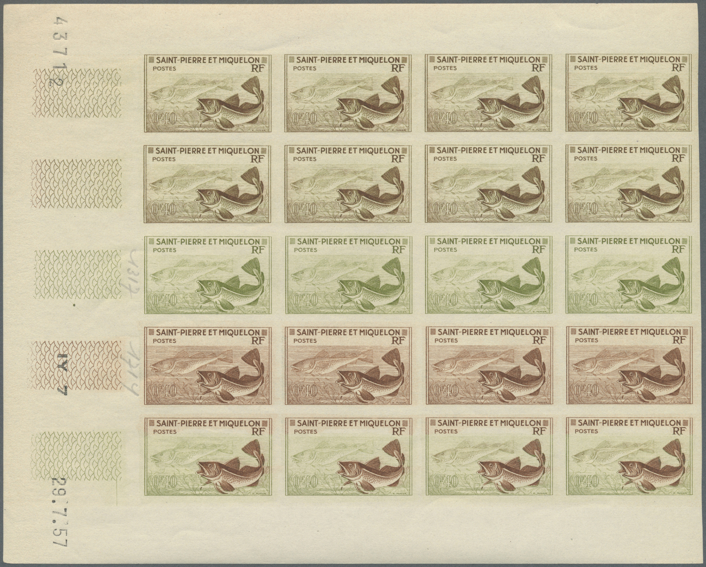 ** Thematik: Tiere-Fische / Animals-fishes: 1957, St.Pierre Et Miquelon, 0.40fr. Codfish, Imperforate Colour Proof, Marg - Fishes