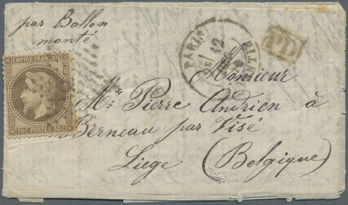 Br Frankreich - Ballonpost: 1870, Folded Letter Par Ballon Monté Franked With 30 Cent. Napoleon Sent From PARIS 1 - 1960-.... Lettres & Documents