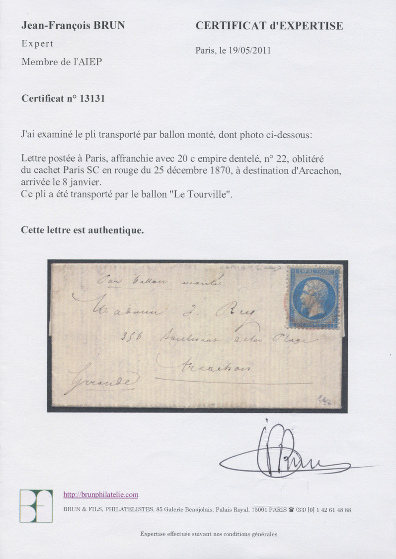 Br Frankreich - Ballonpost: "Le Tourville", Napoléon 20 C. Blue Tied By Red Cds. "PARIS SC 25.12.70" To Folded Le - 1960-.... Lettres & Documents