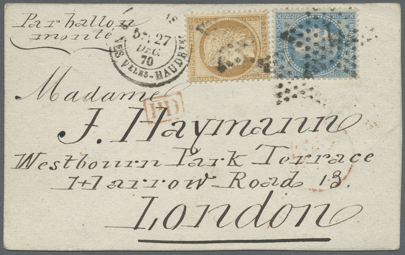 Br Frankreich - Ballonpost: 1870, LE BAYARD, Self-made Card Sized 11:7 Cm, Franked With 20c. Blue "laure" And 10c - 1960-.... Covers & Documents