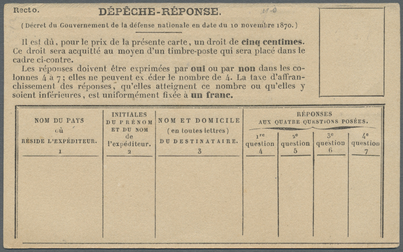 Br Frankreich - Ballonpost: 1870/71: Ballon Monte-Antwortkarte "DEPECHE-RESPONSE" Ungebraucht Für Brieftauben-Nac - 1960-.... Covers & Documents