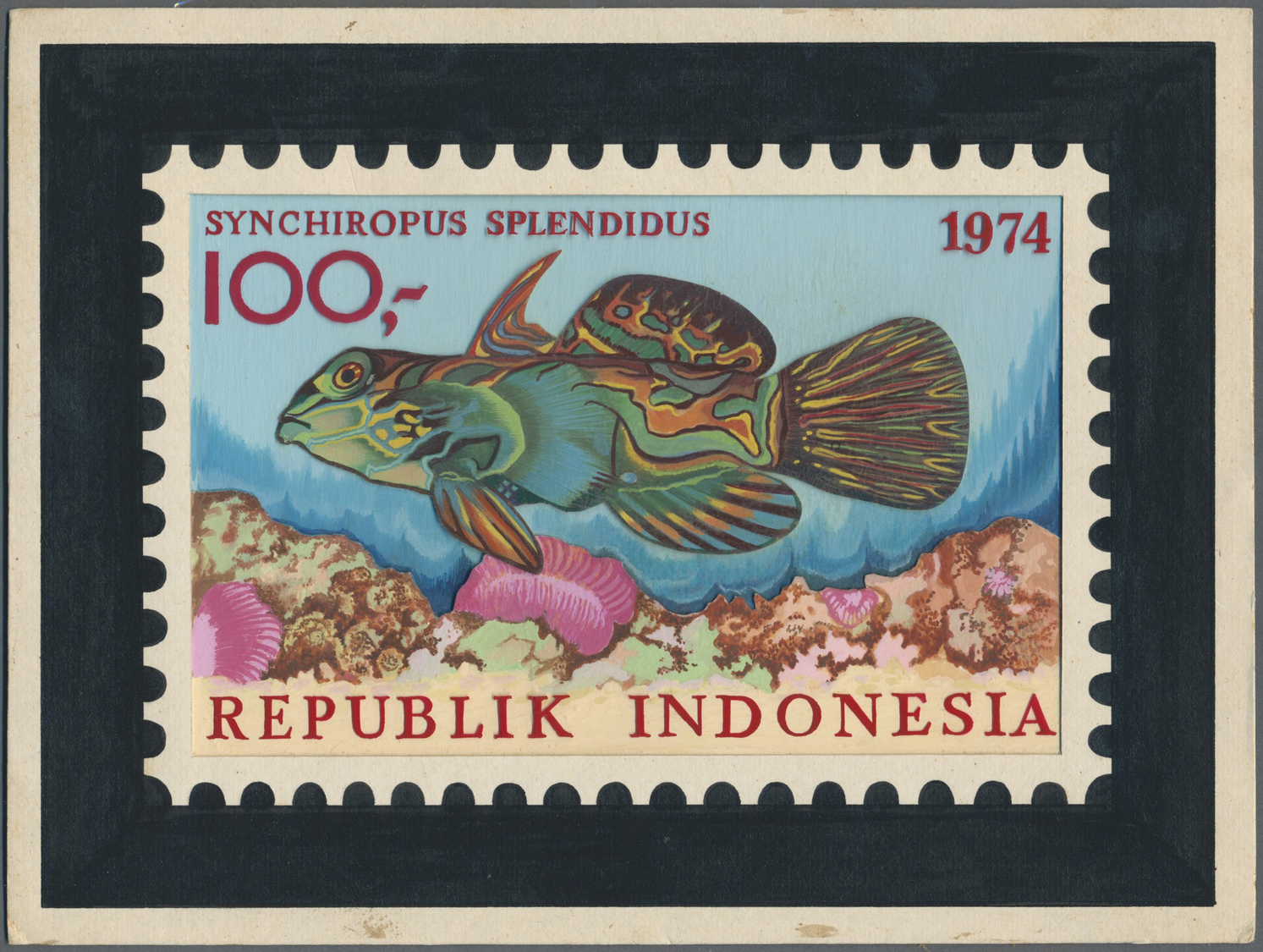Thematik: Tiere-Fische / Animals-fishes: 1974, Indonesia. Essay / Arts Drawing MANDARINFISCH (Synchiropus Splendidus). I - Fishes