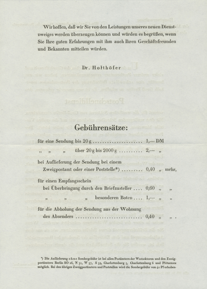 Br Berlin - Postschnelldienst: 1949, Amtlicher Umschlag Eröffnungsfahrt Mit 1.- DM SA Ab Charlottenburg - Storia Postale