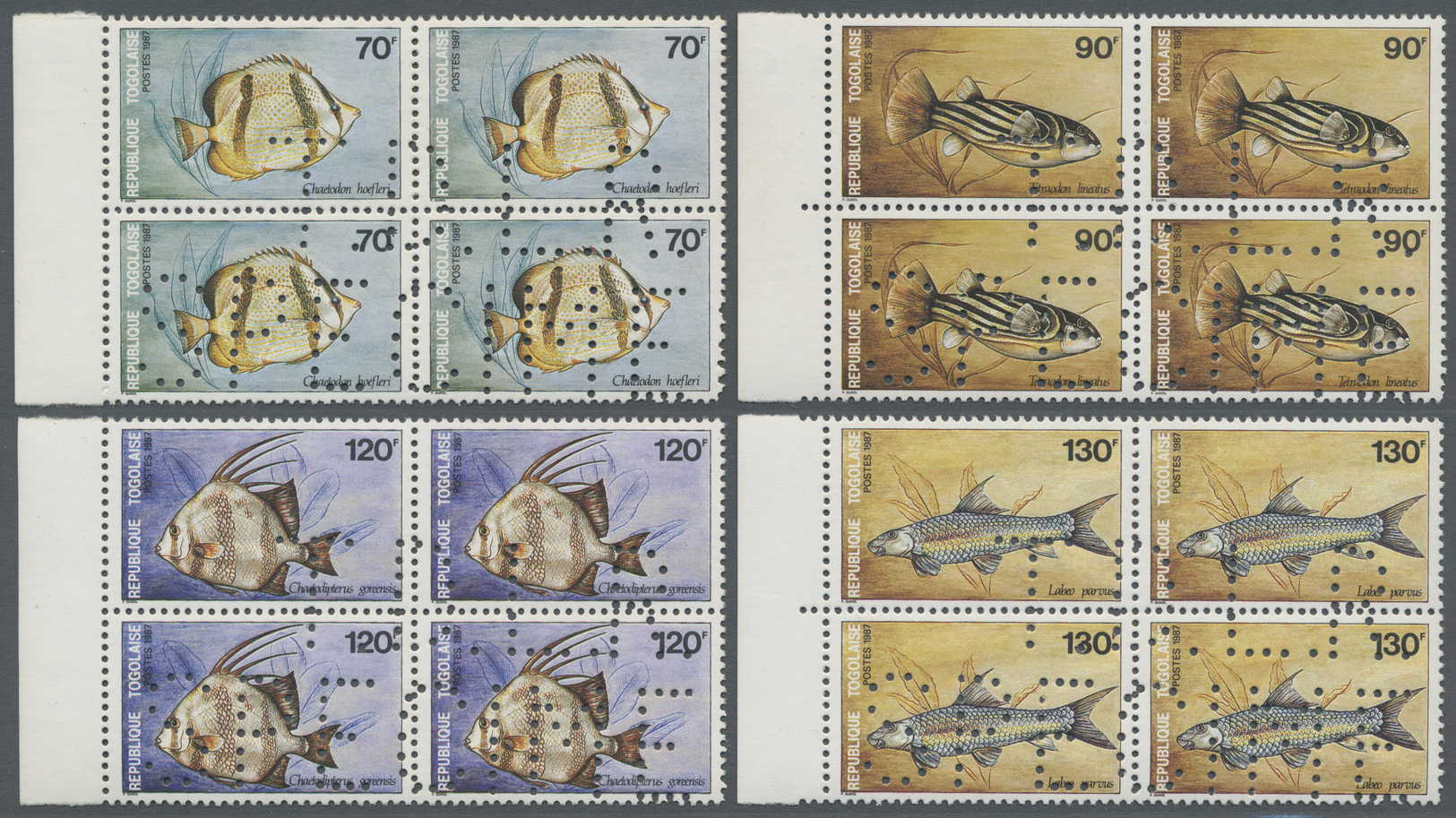 **/Br Thematik: Tiere-Fische / Animals-fishes: 1987, Togo, Fishes Serie, Complete Set As Marginal Blocks Of Four With Sp - Fishes
