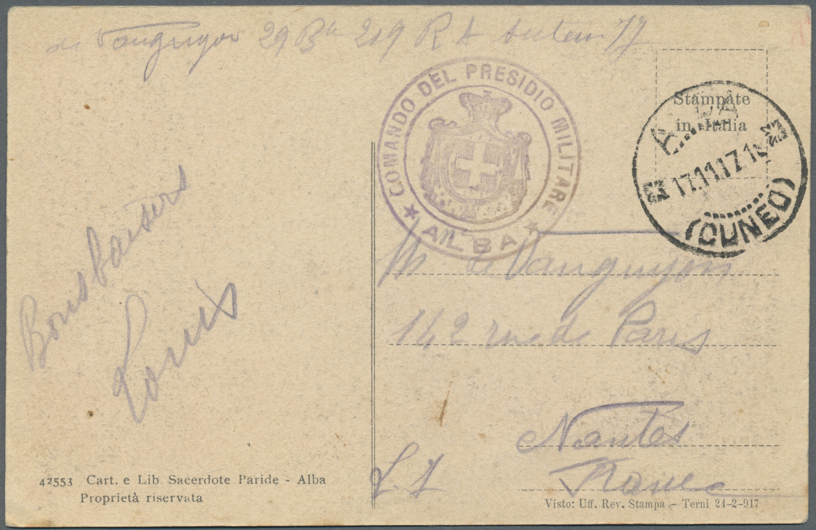 Br Frankreich - Militärpost / Feldpost: 1917. Picture Post Card Of 'Corso Savona, Alba' Addressed To France Cance - Guerre De 1914-18