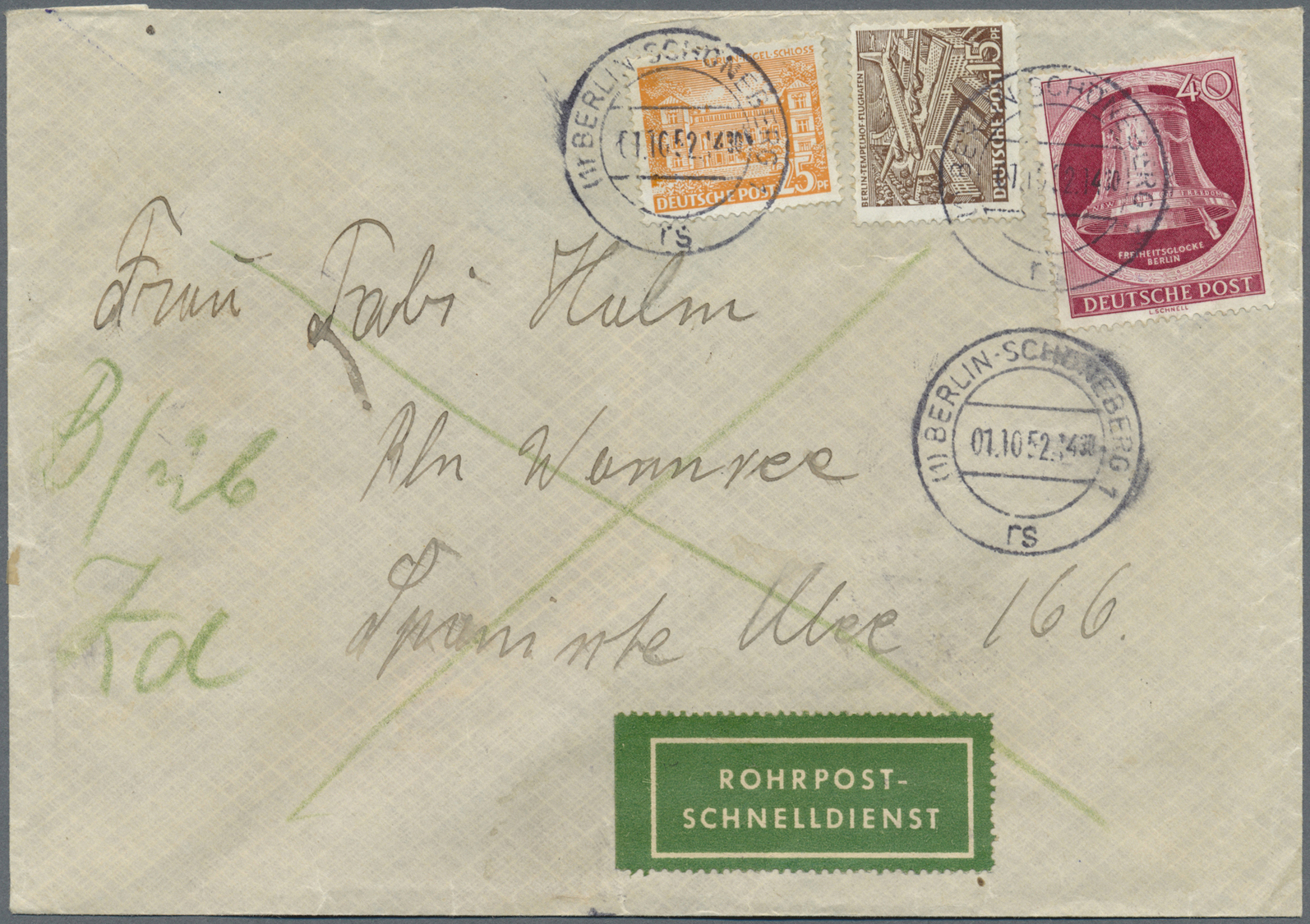Br Berlin - Postschnelldienst: 1952, PSD-Brief 80 Pfennig Mit 40 Pfennig Glocke Rechts, Dazu 15 Und 25 - Covers & Documents