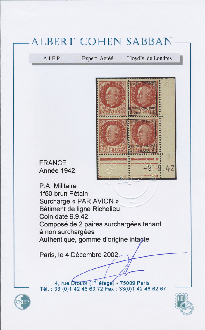 ** Frankreich - Militärpost / Feldpost: 1942, Batiment De Ligne Richelieu, 1.50 Fr. Petain Mit Aufdruck/ohne Aufd - Military Airmail