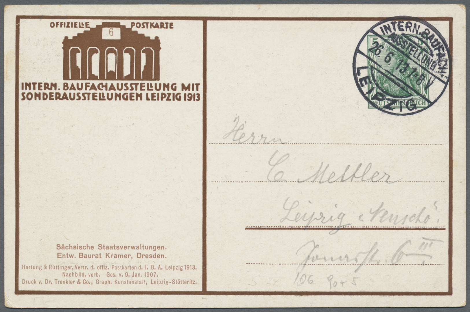 GA Thematik: Tiere-Hunde / Animals-dogs: 1913, Dt. Reich. Privat-Postkarte 5 Pf Germania "Baufachausstellung, Leipzig" M - Dogs