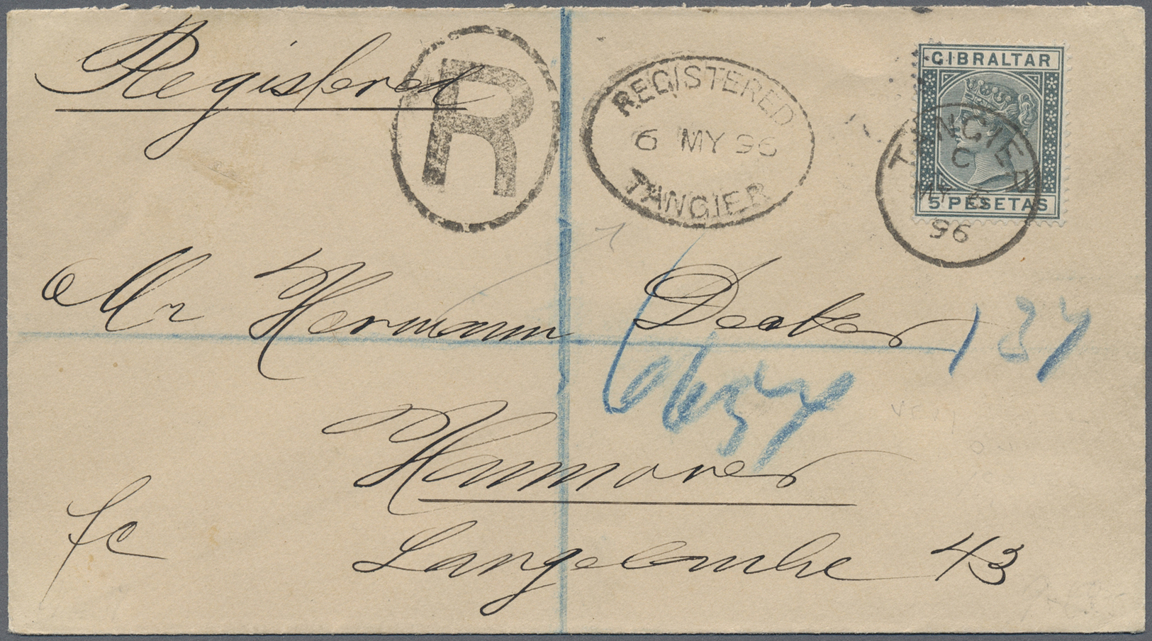 Br Gibraltar: 1896. Registered Envelope Addressed To Germany Bearing Gibraltar SG 33, 5p Slate Tied By Tangier Da - Gibraltar