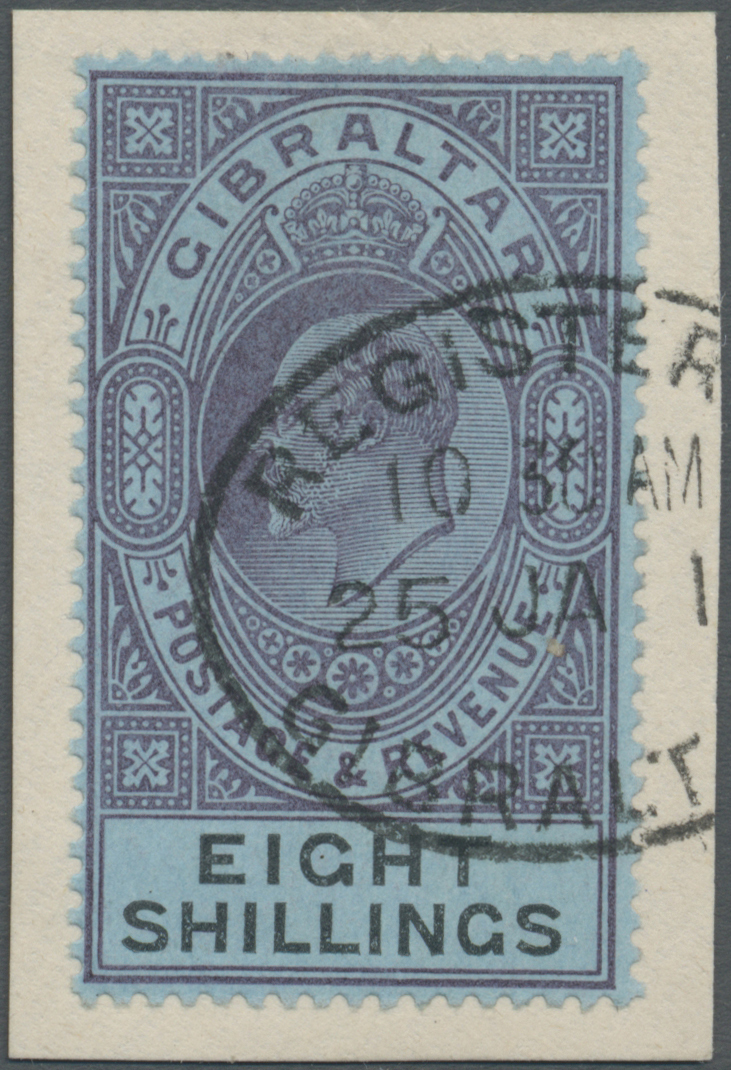 Brrst Gibraltar: 1903, Freimarken: König Eduard VII. 8 Sh Auf Briefstück, Entwertet Mit Glasklarem Registed-Stempel. - Gibraltar