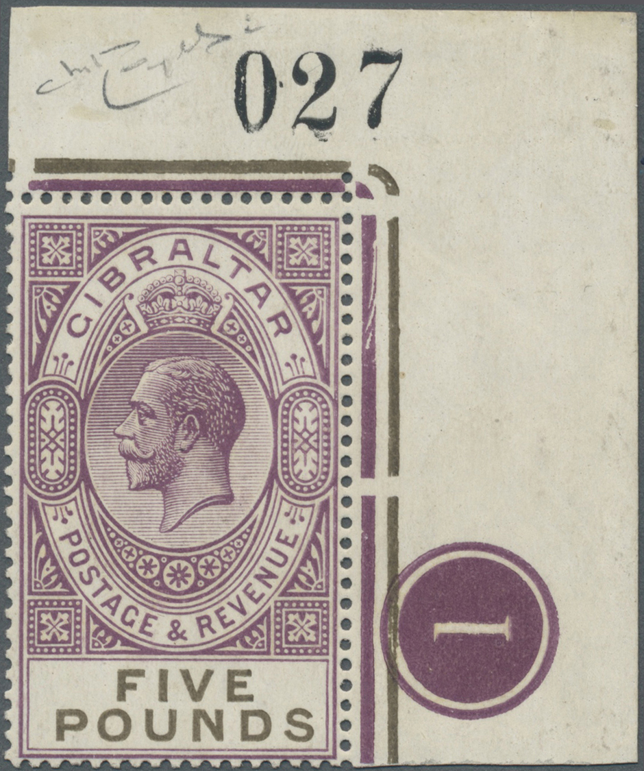 ** Gibraltar: 1925: König Georg V 5 £ Violett/schwarzoliv, Postfrisches Luxusstück Aus Der Rechten Oberen Bogenec - Gibraltar