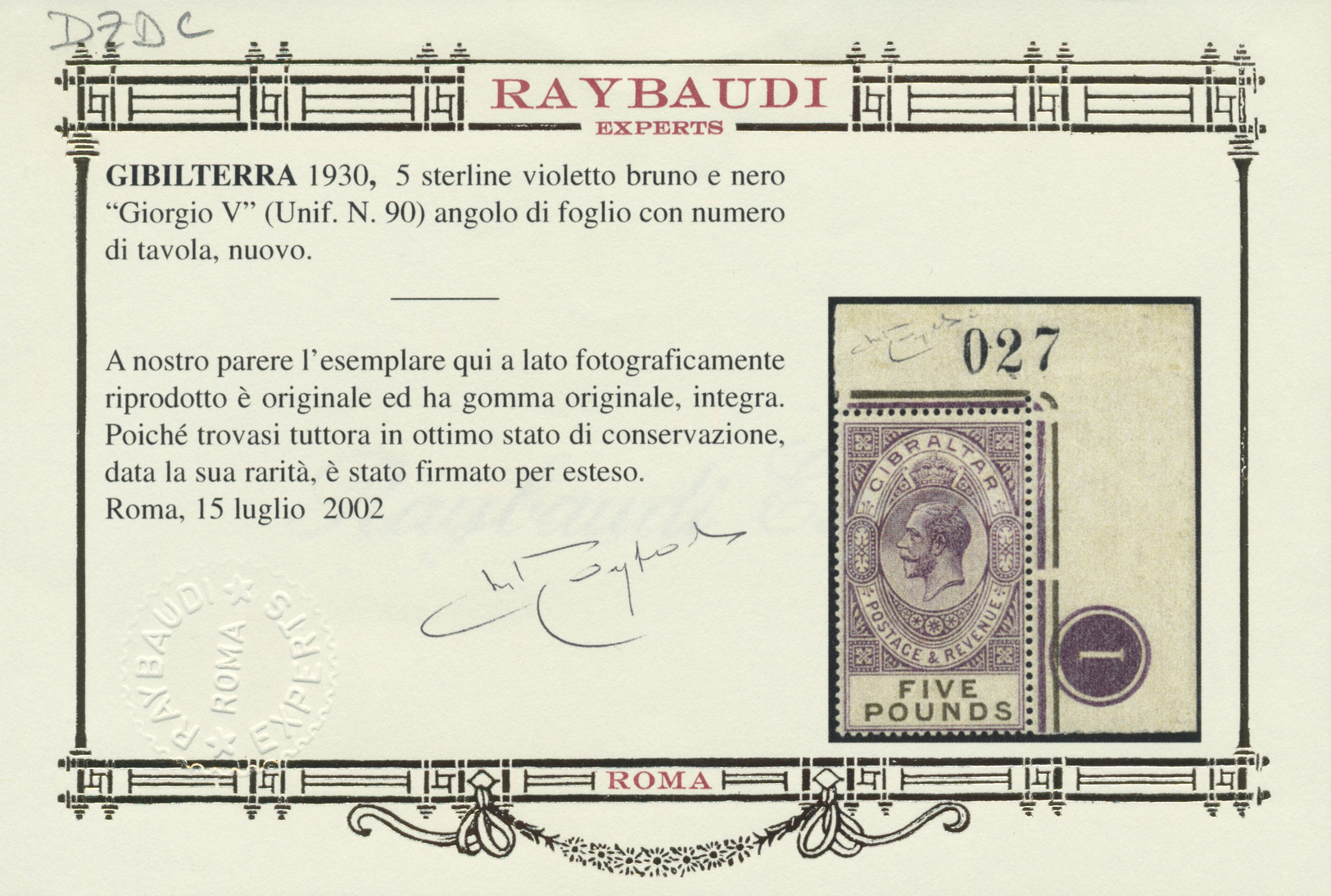 ** Gibraltar: 1925: König Georg V 5 £ Violett/schwarzoliv, Postfrisches Luxusstück Aus Der Rechten Oberen Bogenec - Gibraltar
